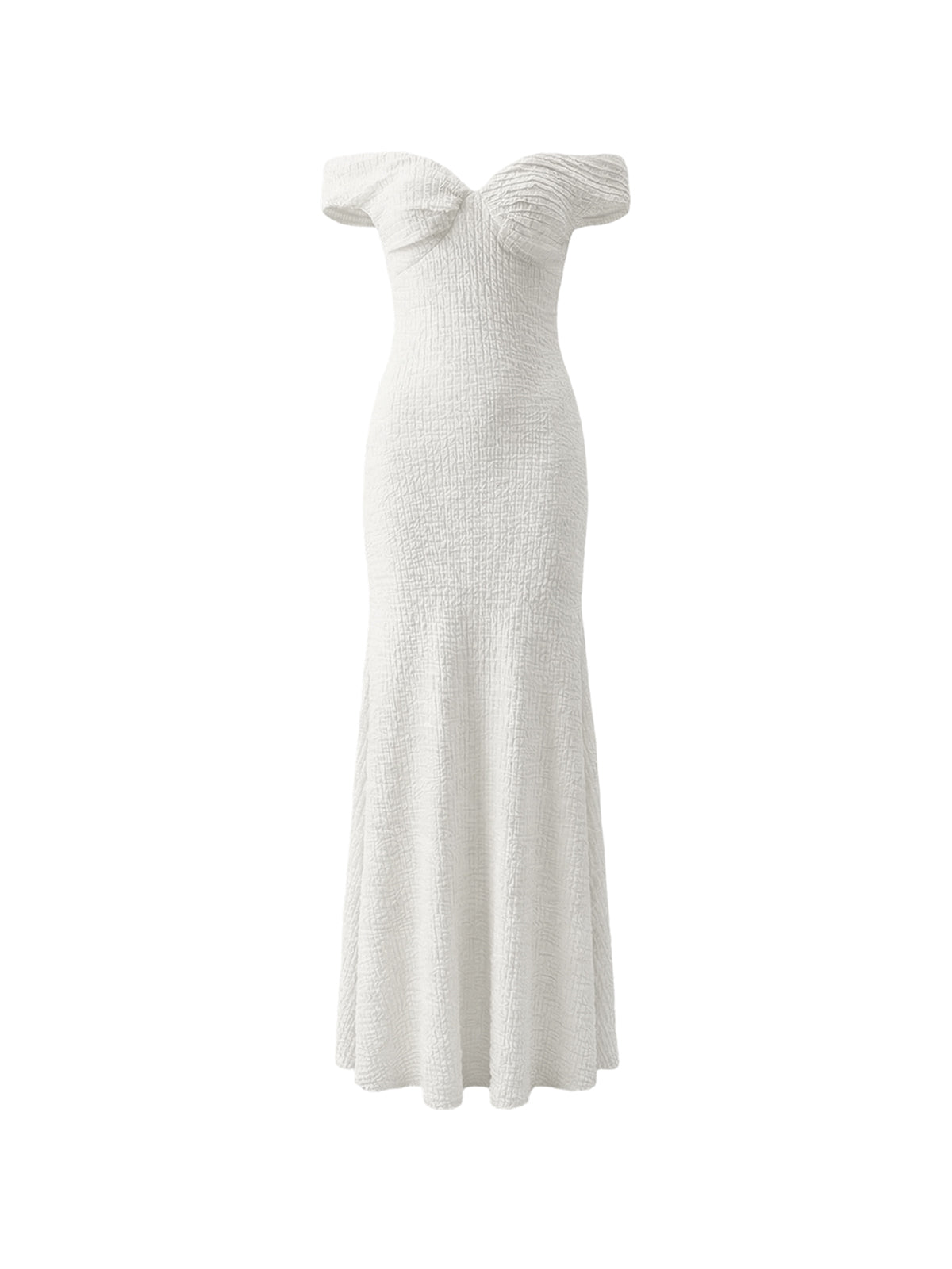 Robe Isadora Elyth Édition : robe longue de mariée en crêpe cloqué blanc texturé, présentant une encolure bardot à épaules dénudées et un buste drapé. Sa coupe sirène ajustée et son tissu extensible offrent une silhouette élégante et romantique.