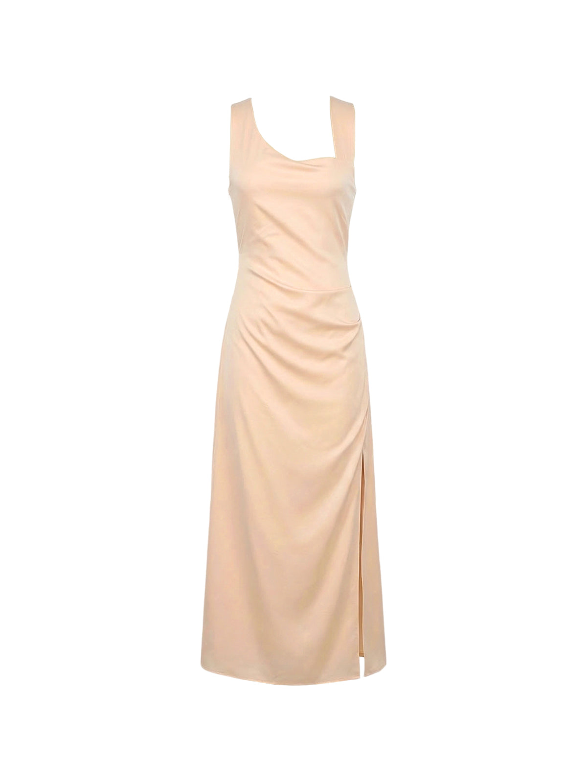 Robe Ivene Elyth Édition : robe de cocktail midi en satin de soie champagne, idéale pour une cérémonie élégante à Paris. Elle présente un décolleté asymétrique moderne, une taille délicatement drapée et une jupe fluide fendue sur le côté, offrant une silhouette minimaliste et sophistiquée typique du luxe français.