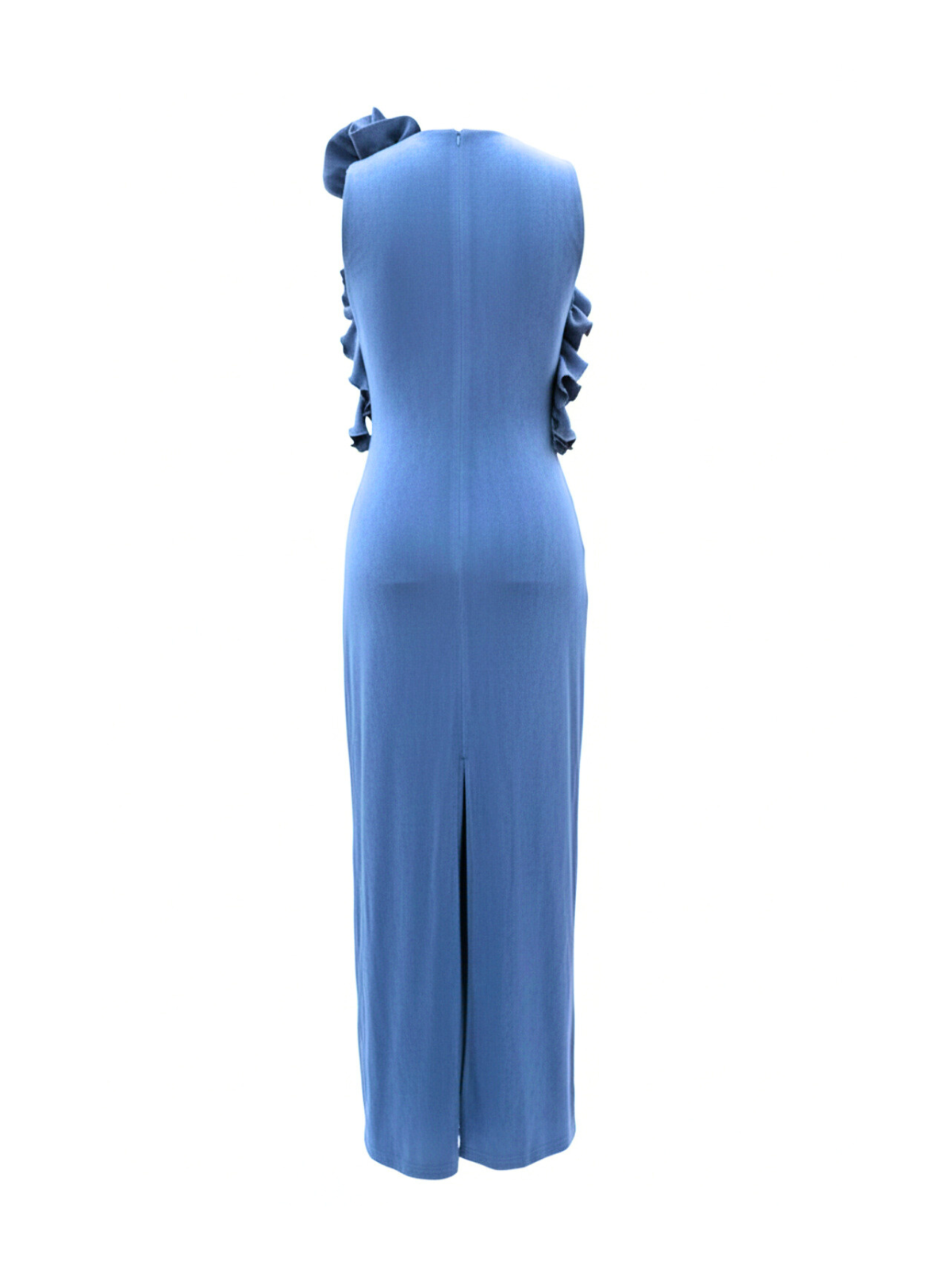 Robe Jane Elyth Édition : robe longue bleu ciel de soirée à coupe asymétrique, dotée d'une découpe latérale à la taille, d'un volant fluide en cascade et d'une rose monumentale en tissu 3D sur l'épaule pour une silhouette aérienne et sophistiquée.