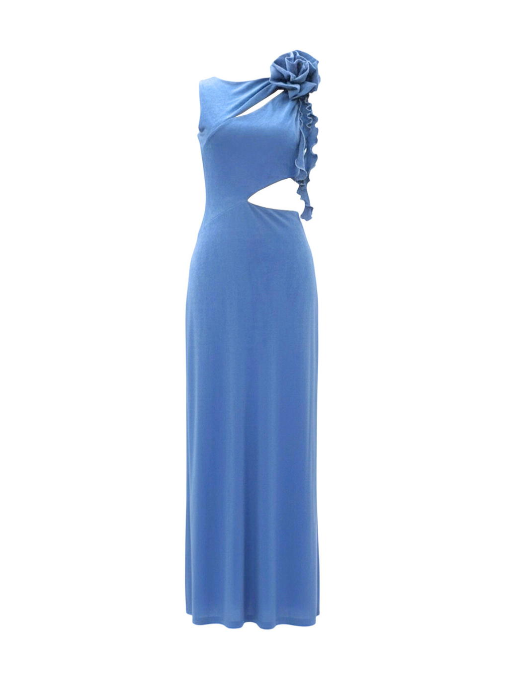 Robe Jane Elyth Édition : robe longue bleu ciel de soirée à coupe asymétrique, dotée d'une découpe latérale à la taille, d'un volant fluide en cascade et d'une rose monumentale en tissu 3D sur l'épaule pour une silhouette aérienne et sophistiquée.