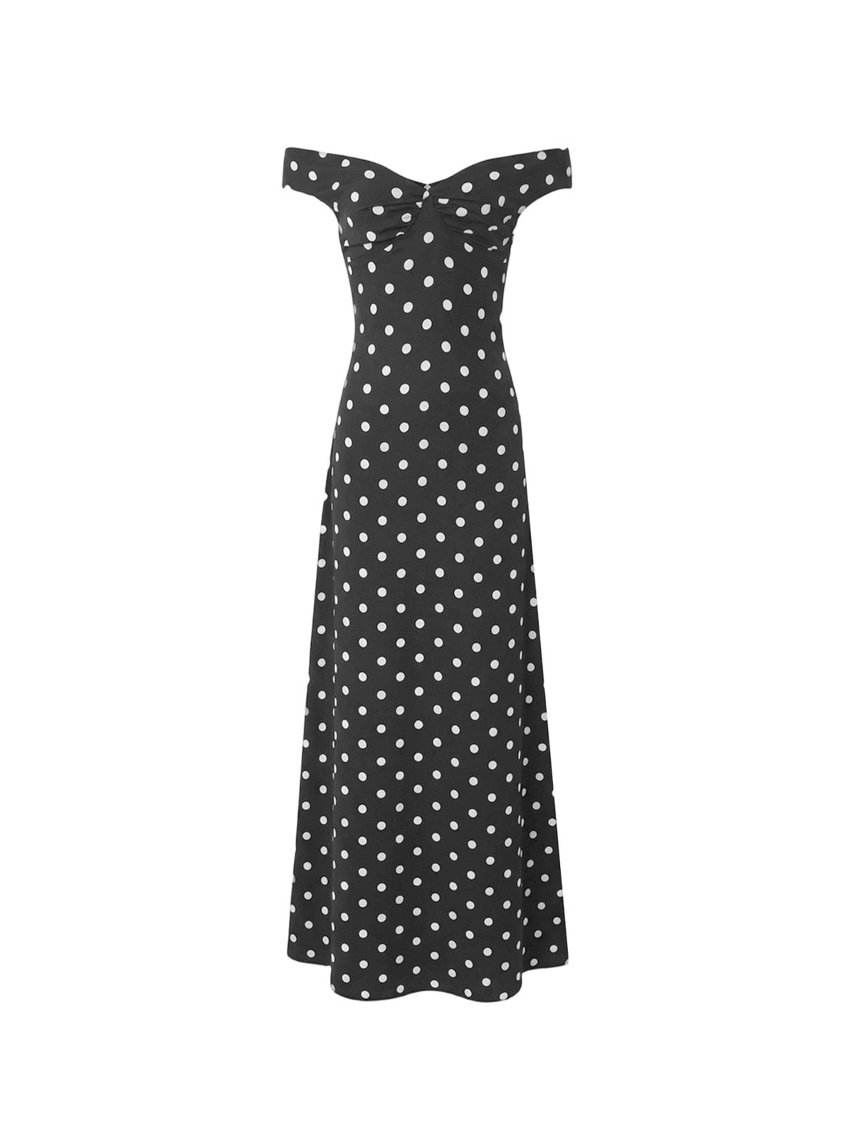 Robe Judy Elyth Édition : robe longue noire à pois blancs (polka dot) avec épaules dénudées et décolleté en cœur froncé, offrant une silhouette vintage élégante inspirée des années 50.