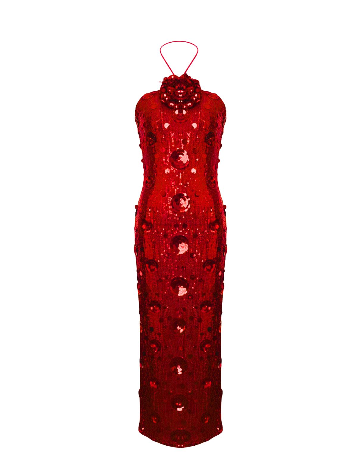 Robe Julienne Elyth Édition : robe longue de soirée bustier rouge rubis, intégralement recouverte de sequins scintillants, présentant une coupe sirène ajustée et un décolleté droit pour une silhouette glamour et sophistiquée.