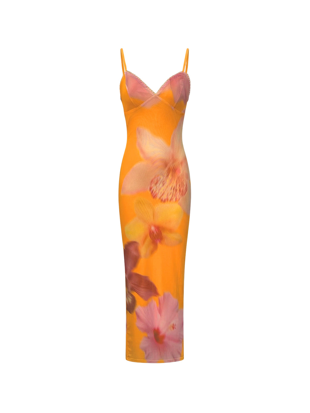 Liana Dress by Elyth Édition: a long, vibrant orange column dress featuring a bold tropical floral print in shades of pink and yellow. This fitted silhouette is crafted from fine mesh, detailed with a V-neckline, delicate lace trim, and thin spaghetti straps, perfect for a chic Riviera look or a summer evening event in France.