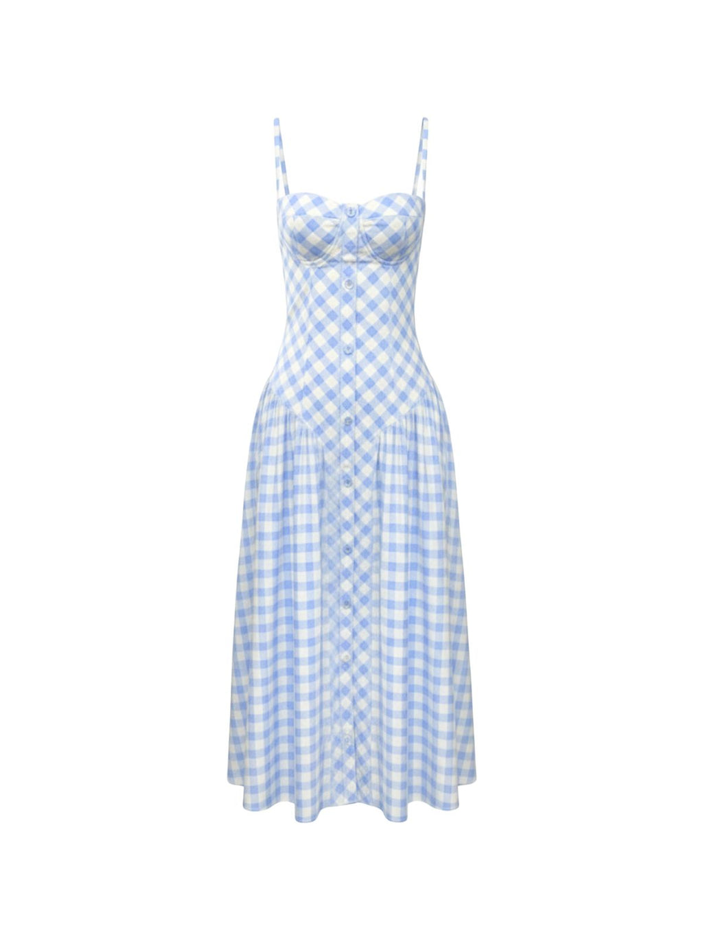 Robe Lila Elyth Édition : robe mi-longue à imprimé vichy bleu ciel et blanc, dotée d'un bustier corset boutonné avec bonnets paddés, de fines bretelles et d'une jupe évasée froncée pour une silhouette romantique et élégante.