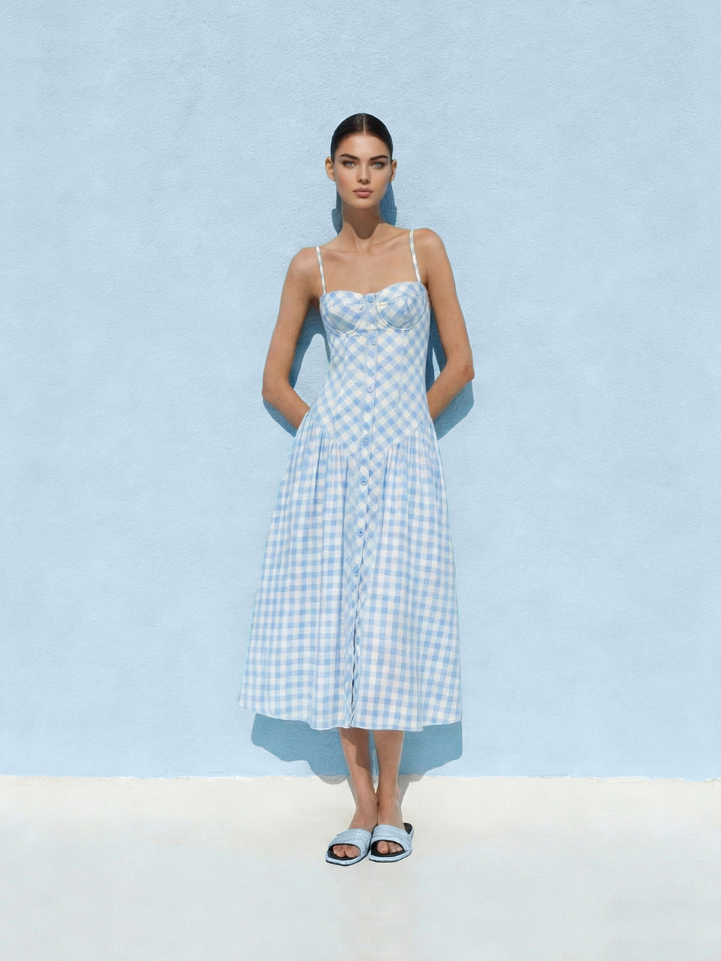Robe Lila Elyth Édition : robe mi-longue à imprimé vichy bleu ciel et blanc, dotée d'un bustier corset boutonné à bonnets paddés, de fines bretelles et d'une jupe évasée froncée, posée contre un mur bleu azur pour un style Riviera grecque.