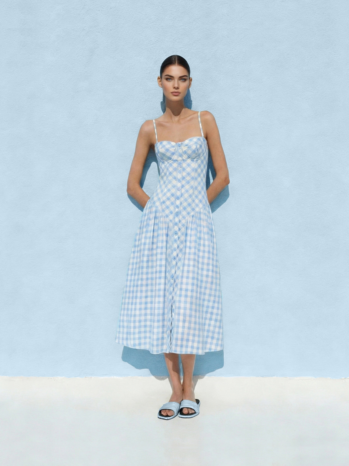 Robe Lila Elyth Édition : robe mi-longue à imprimé vichy bleu ciel et blanc, dotée d'un bustier corset boutonné à bonnets paddés, de fines bretelles et d'une jupe évasée froncée, posée contre un mur bleu azur pour un style Riviera grecque.