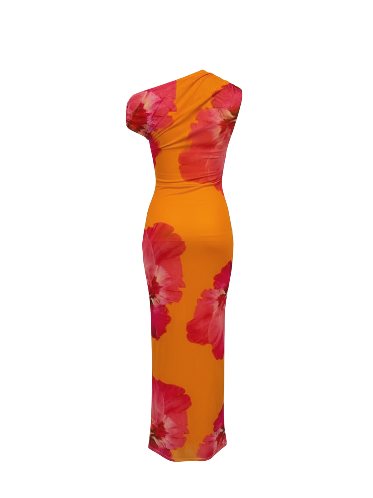Robe Lilith Elyth Édition : robe longue moulante orange citrouille à coupe asymétrique avec une seule épaule drapée, ornée d'un imprimé floral artistique géant rouge et fuchsia, confectionnée dans un tissu extensible pour une silhouette élancée et moderne.