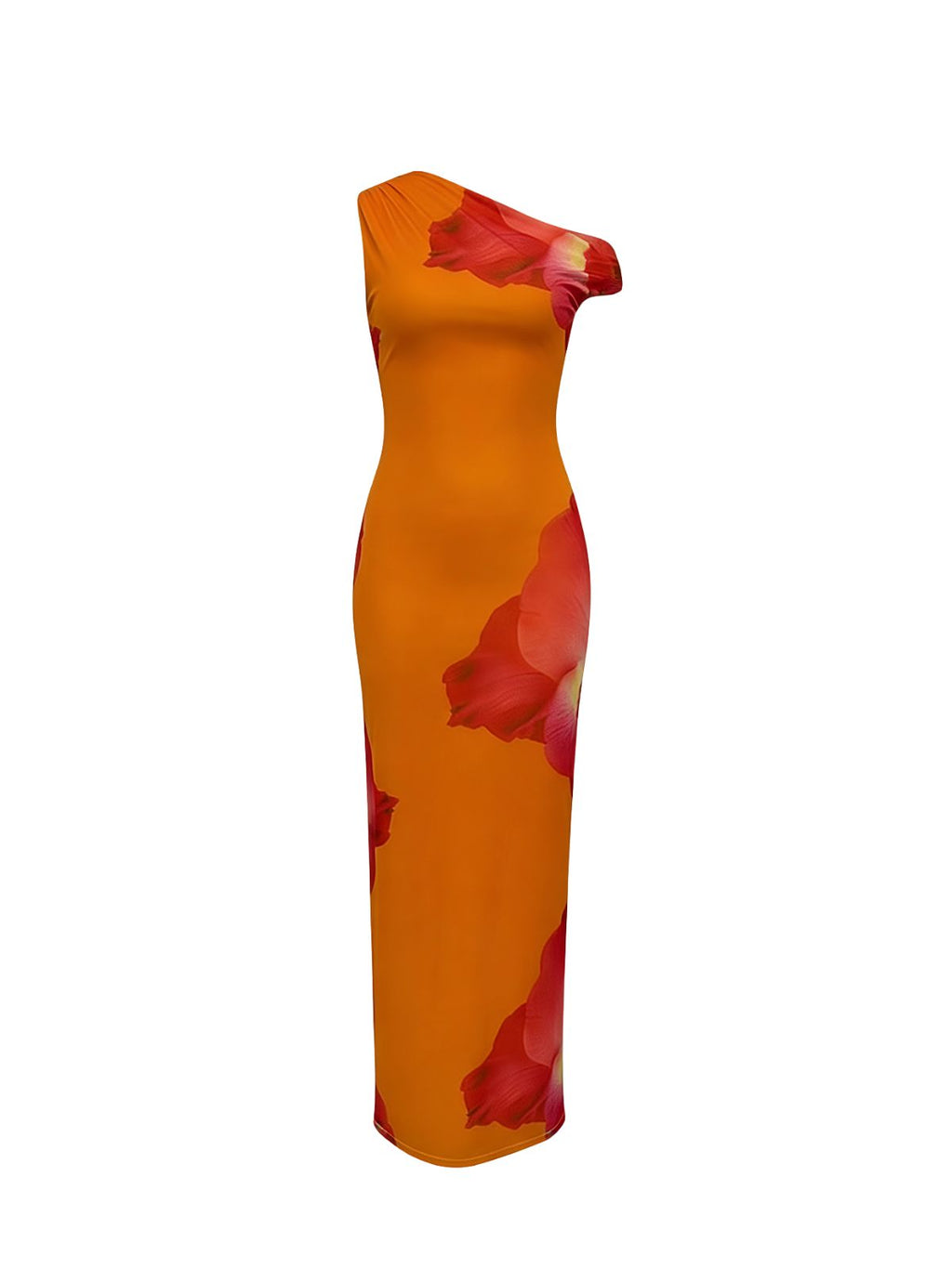 Lilith Dress by Elyth Édition: a pumpkin orange bodycon maxi dress with an asymmetrical one-shoulder draped design, featuring a giant red and fuchsia artistic floral print, crafted from stretch fabric for a sleek and modern silhouette.