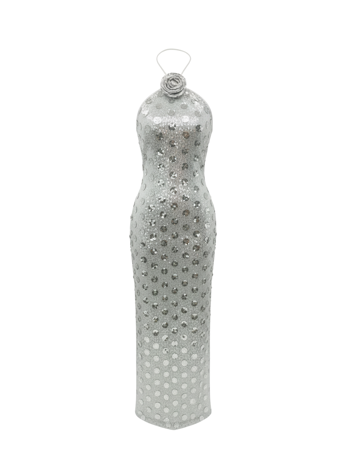 Robe Luna Elyth Édition : robe longue de soirée argentée scintillante à col licou, ornée d'une fleur de rose 3D en relief à l'encolure et parsemée de sequins circulaires à effet miroir pour une silhouette sirène lumineuse et sophistiquée.