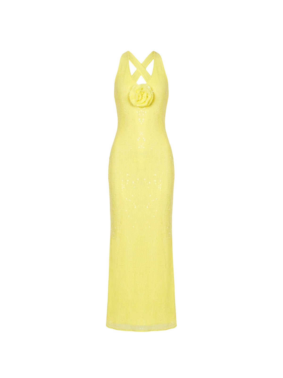 Robe Lunea Elyth Édition : robe longue jaune soleil éblouissante, ornée de sequins scintillants sur toute la longueur avec un col dos nu croisé et une fleur 3D en relief au décolleté.