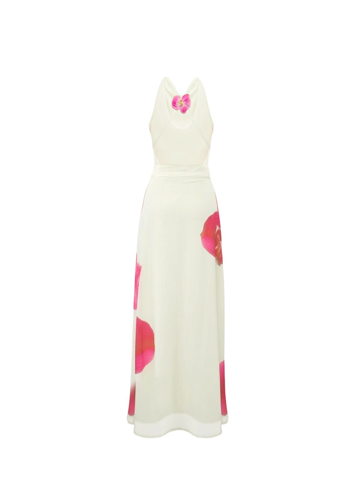 Robe Lyra Elyth Édition : robe longue fourreau blanc cassé à col bénitier, ornée d'un imprimé artistique de fleurs d'orchidées géantes fuchsia et roses, confectionnée dans un tissu fluide et soyeux pour une silhouette élancée.