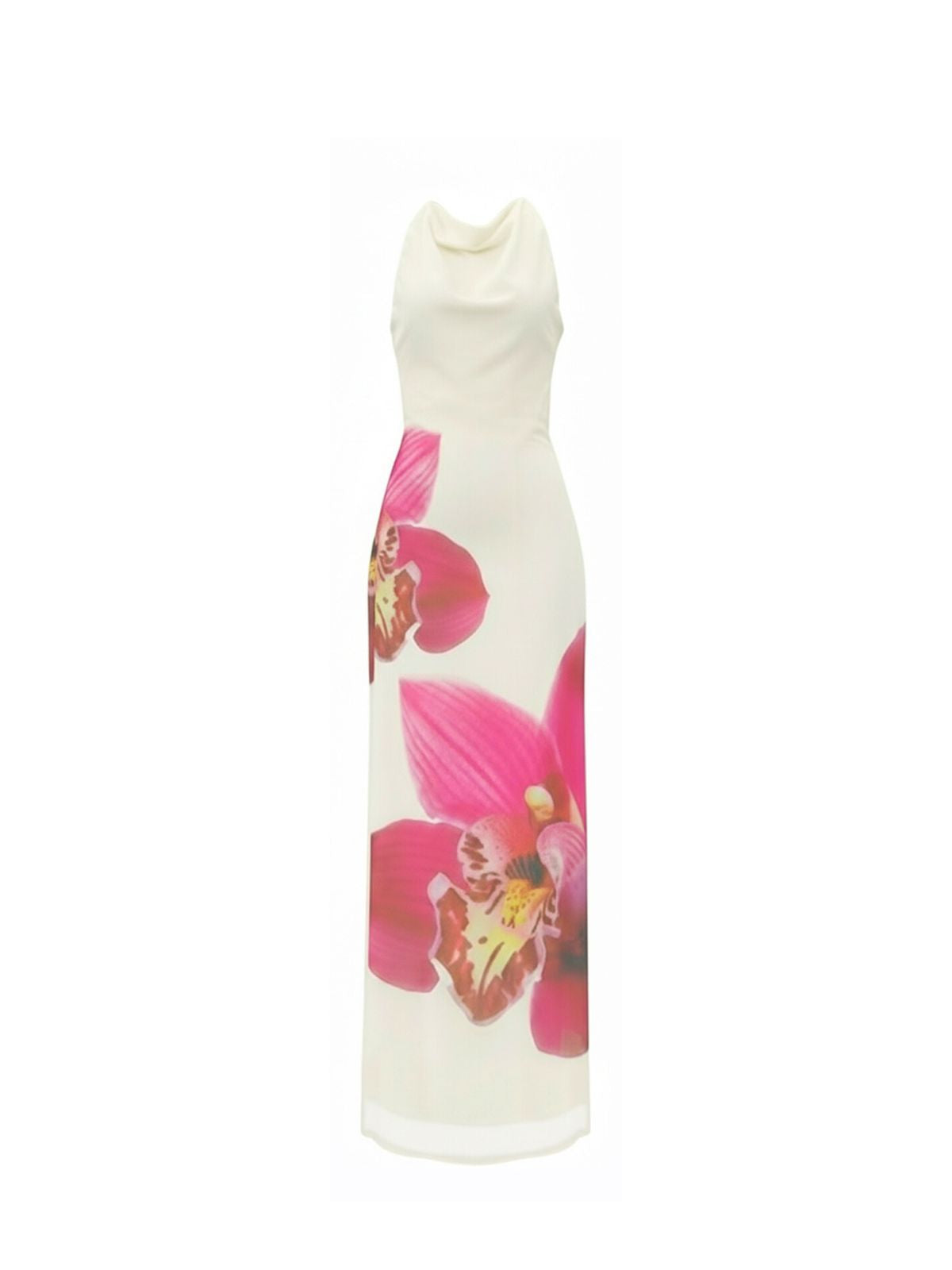 Robe Lyra Elyth Édition : robe longue fourreau blanc cassé à col bénitier, ornée d'un imprimé artistique de fleurs d'orchidées géantes fuchsia et roses, confectionnée dans un tissu fluide et soyeux pour une silhouette élancée.