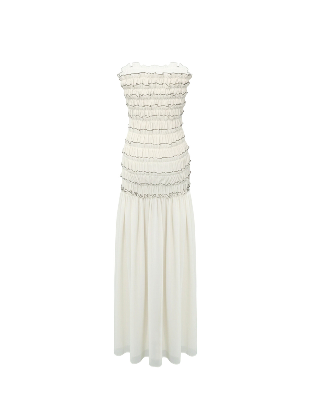 Marie Dress by Elyth Édition: a white silk chiffon strapless maxi dress featuring a fully smocked and ruffled bodice with contrasting grey trim, adorned with delicate ribbon bows and a flowing flared skirt.