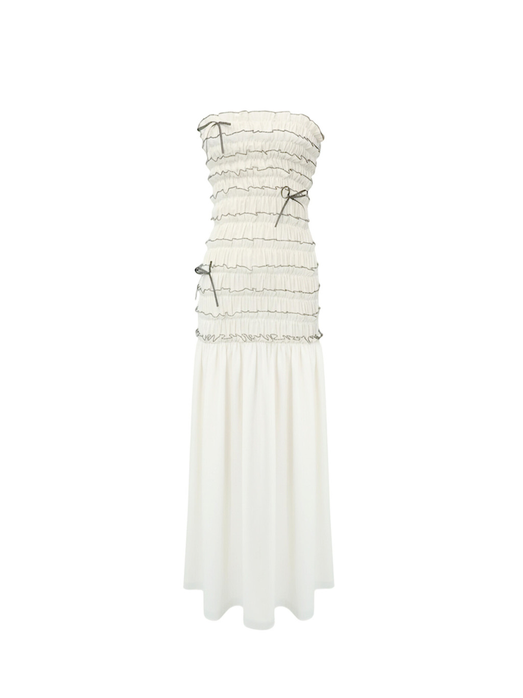 Marie Dress by Elyth Édition: a white silk chiffon strapless maxi dress featuring a fully smocked and ruffled bodice with contrasting grey trim, adorned with delicate ribbon bows and a flowing flared skirt.