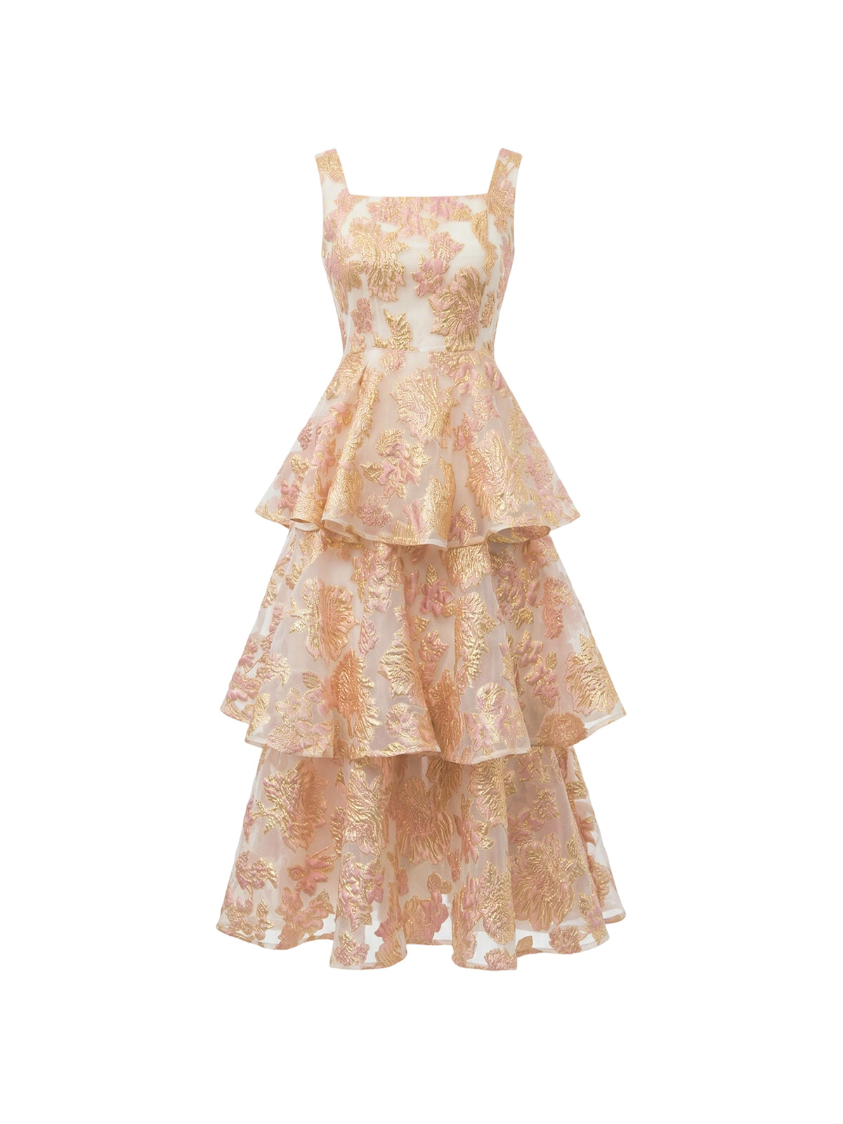 Robe Marigold Elyth Édition : robe midi à volants étagés en organza organza texturé, ornée de motifs floraux tissés en fil métallique or et rose cuivré, avec un corsage ajusté à décolleté carré et larges bretelles.