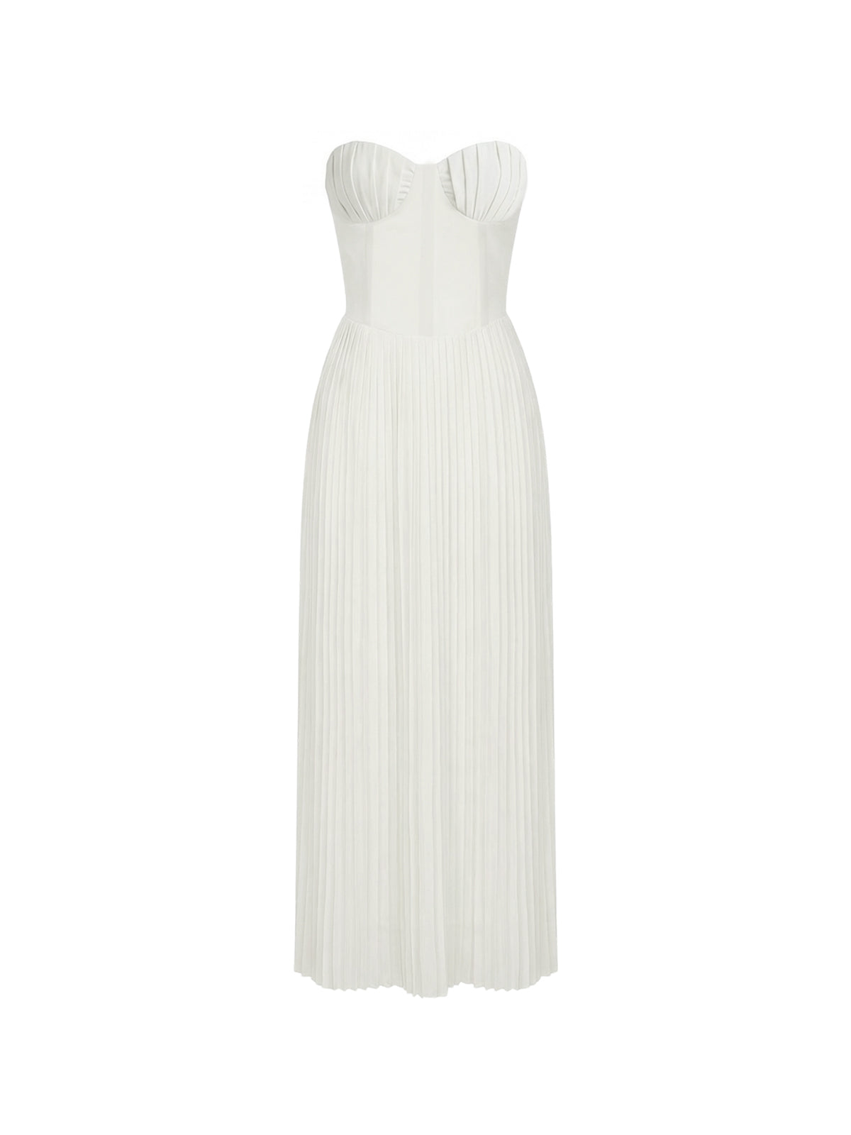 Robe Marlene Blanc Elyth Édition : robe de soirée longue blanche au design minimaliste et chic. Ce modèle bustier se distingue par un corset ajusté aux bonnets plissés et une jupe longue plissée fluide. Une tenue d'invitée de mariage ou de cérémonie moderne, alliant élégance intemporelle et savoir-faire couture.