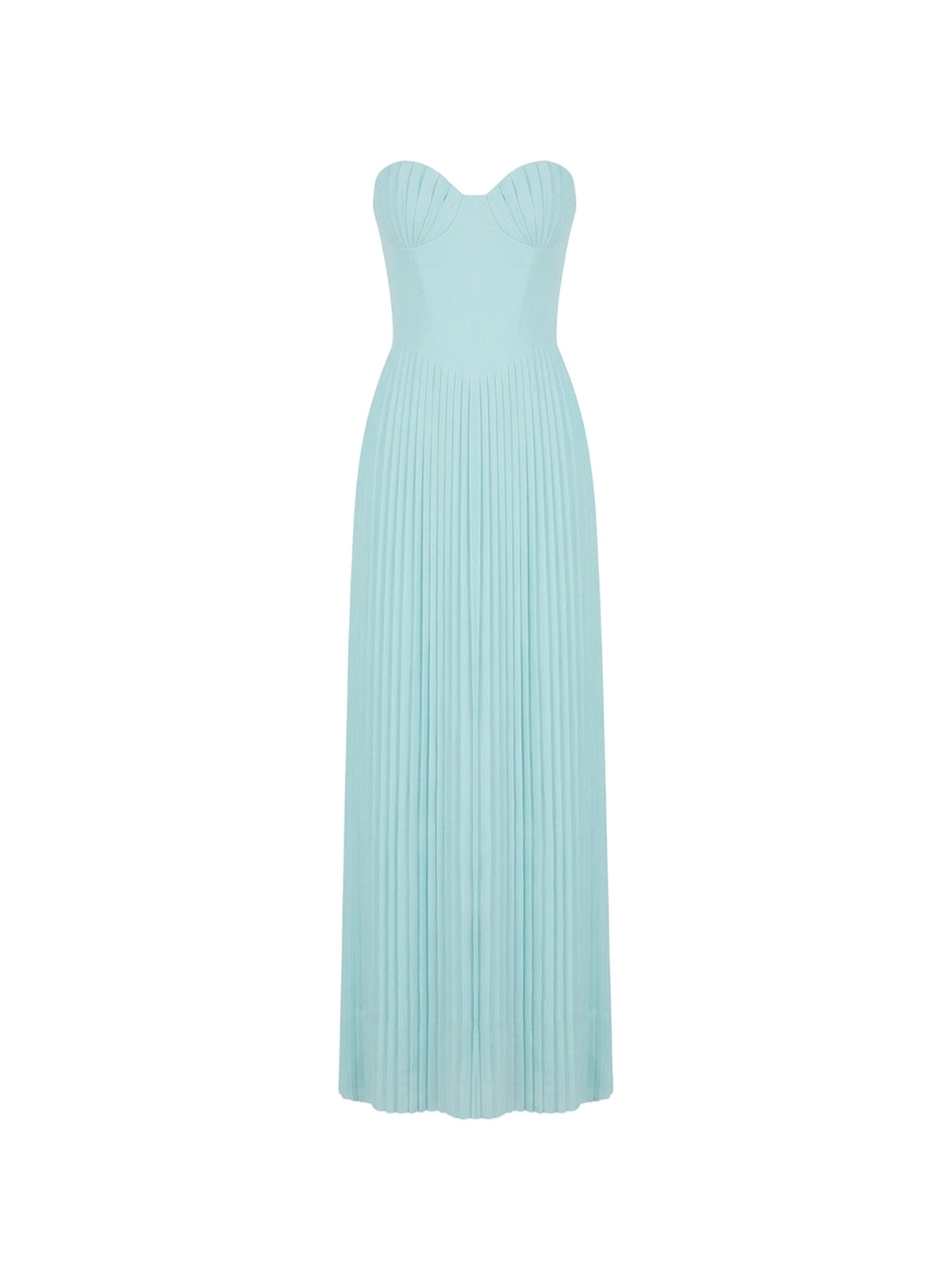 Robe Marlene Elyth Édition : robe longue de soirée bleu turquoise pastel en maille fine, dotée d'un bustier cœur aux bonnets plissés façon coquillage et d'une jupe longue entièrement plissée soleil pour une silhouette fluide.