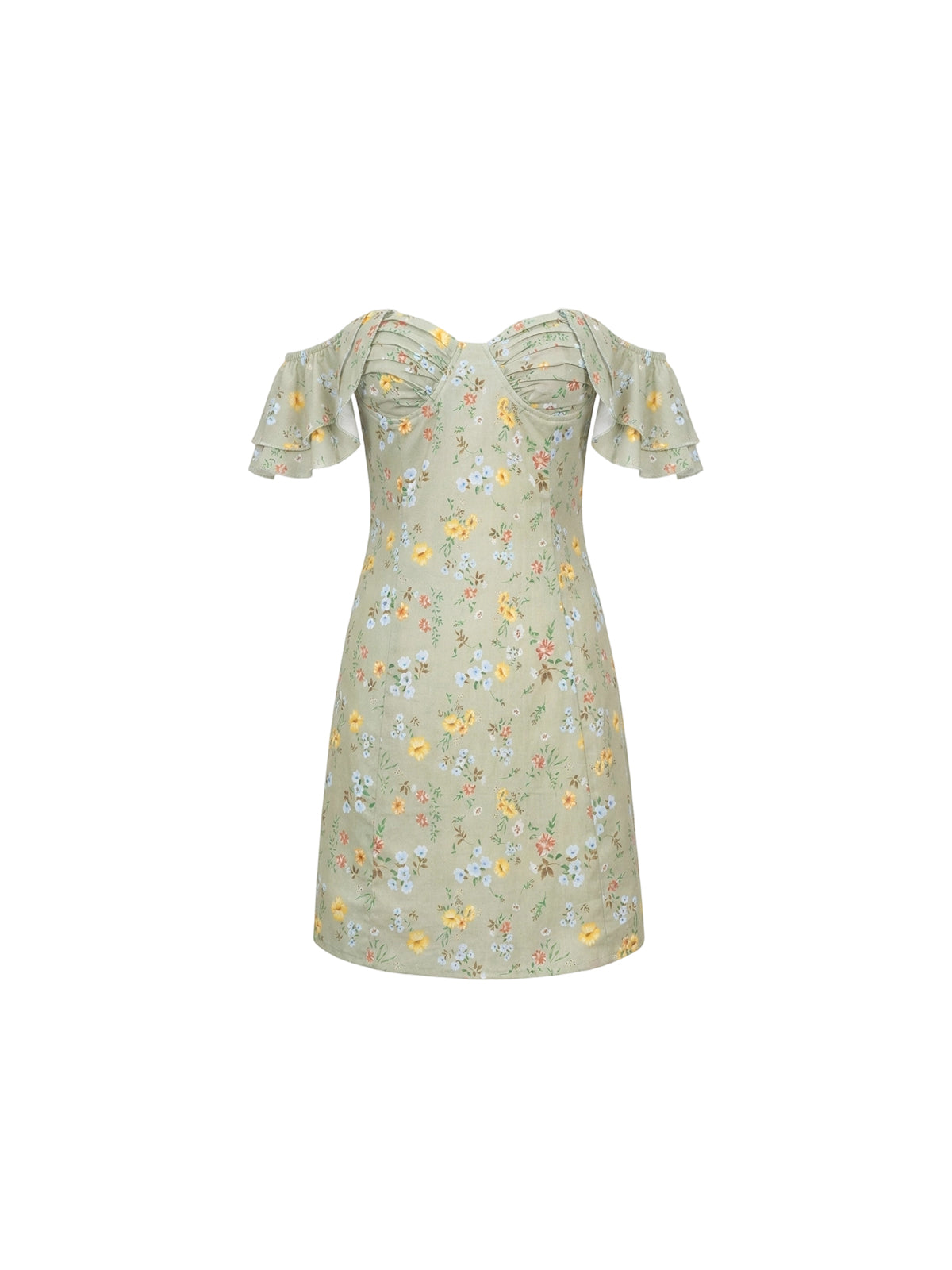 Robe Meg Elyth Édition : mini robe d'été vert sauge à imprimé floral jaune et bleu, coupe cintrée à épaules dénudées avec manches volantées et un bustier plissé structuré.