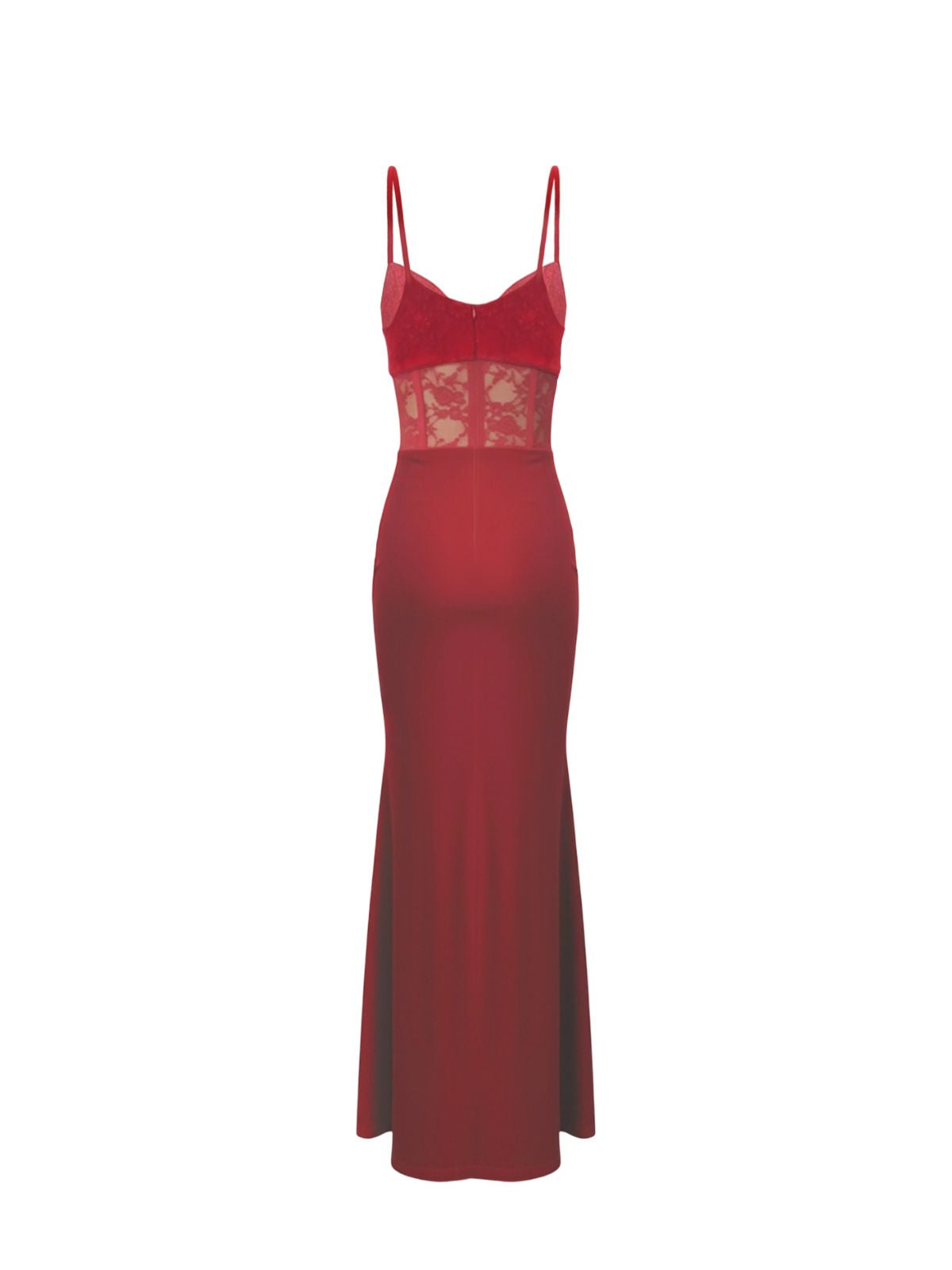Robe Noelle Elyth Édition : robe longue de soirée rouge rubis à coupe sirène, dotée d'un bustier corset transparent en dentelle florale avec baleines apparentes et de fines bretelles, pour une silhouette sculptée et glamour.