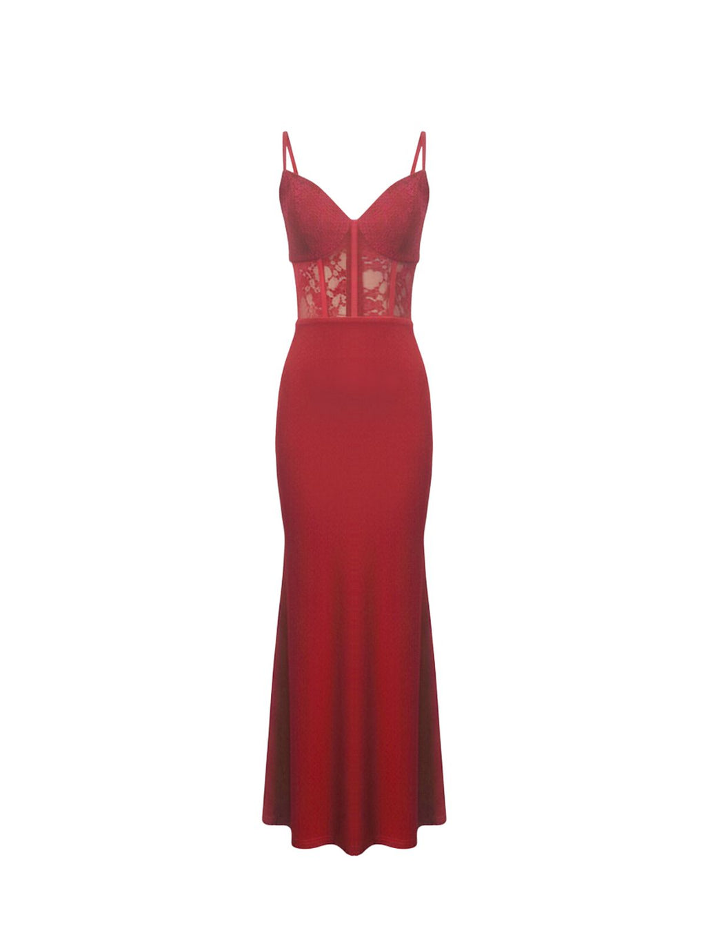 Robe Noelle Elyth Édition : robe longue de soirée rouge rubis à coupe sirène, dotée d'un bustier corset transparent en dentelle florale avec baleines apparentes et de fines bretelles, pour une silhouette sculptée et glamour.