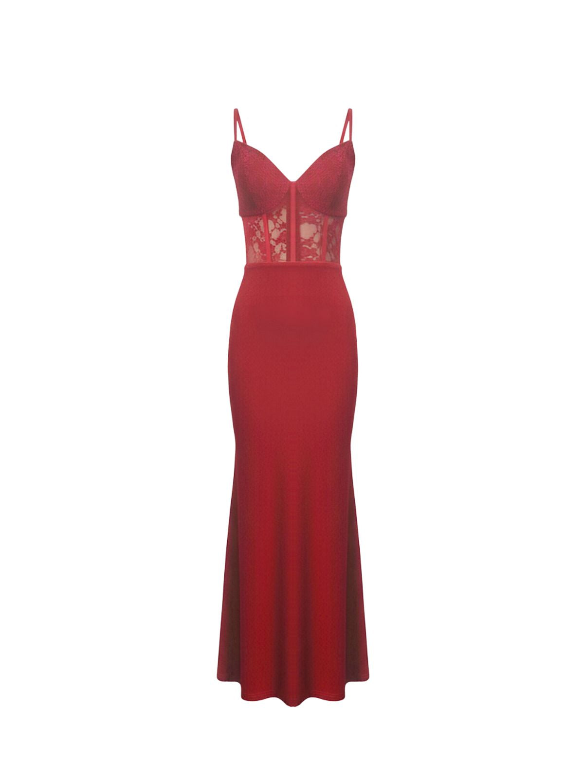 Robe Noelle Elyth Édition : robe longue de soirée rouge rubis à coupe sirène, dotée d'un bustier corset transparent en dentelle florale avec baleines apparentes et de fines bretelles, pour une silhouette sculptée et glamour.