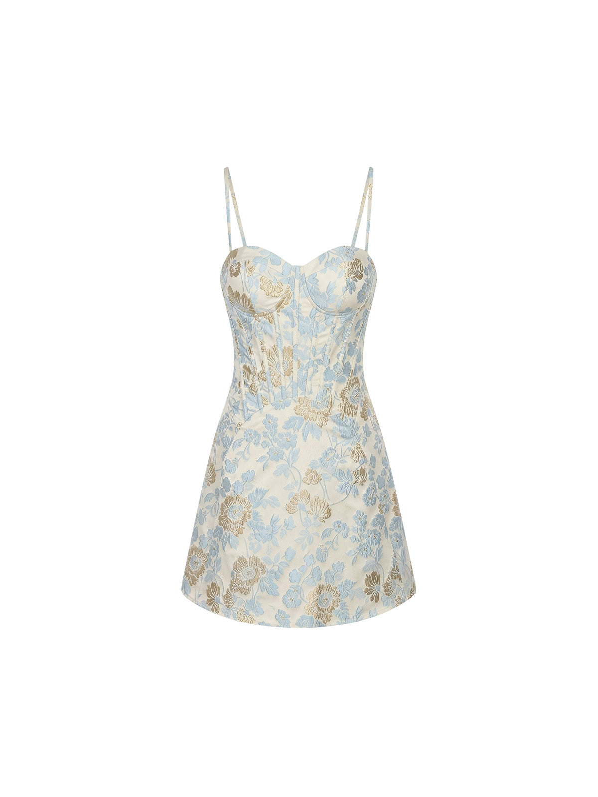 Robe Odette Elyth Édition : robe mini en jacquard sophistiqué blanc cassé, bleu et doré avec motif floral, dotée d'un corsage structuré style bustier avec coutures apparentes, de fines bretelles et d'une coupe trapèze élégante. 