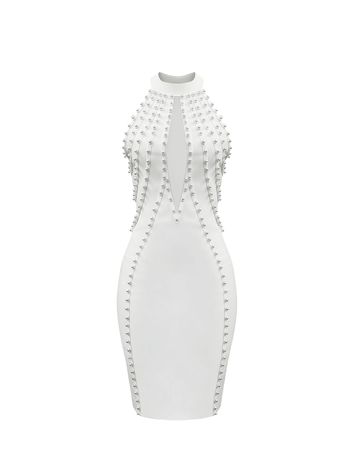 Robe en maille Perla Elyth Édition : robe de cocktail blanche ajustée à col montant licou, présentant une découpe en goutte d'eau élégante sur le buste et ornée de rangées verticales de perles blanches en relief pour une silhouette épurée et luxueuse.