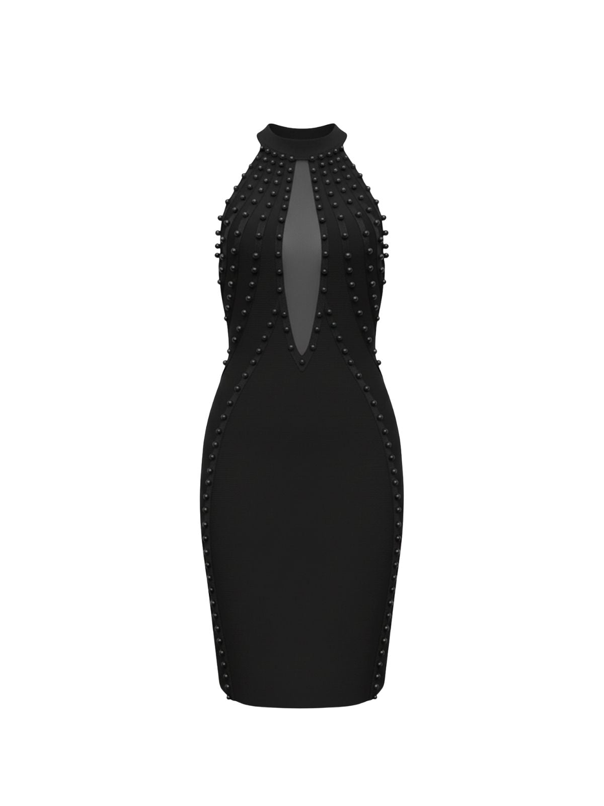 Robe en maille Perla Elyth Édition : robe de cocktail noire ajustée à col montant licou, présentant une découpe en goutte d'eau audacieuse sur le buste et ornée de rangées verticales de perles noires en relief pour une silhouette sculptée et intemporelle.