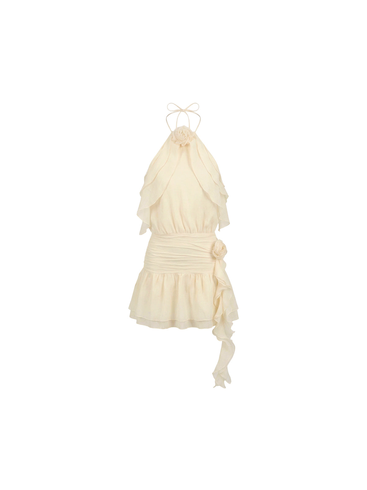 Robe Pia Elyth Édition : mini-robe dos nu de couleur crème en mousseline légère, ornée de volants vaporeux et de délicates fleurs en 3D à l'encolure et à la taille, avec une jupe courte à volants pour un look de soirée romantique et aérien.