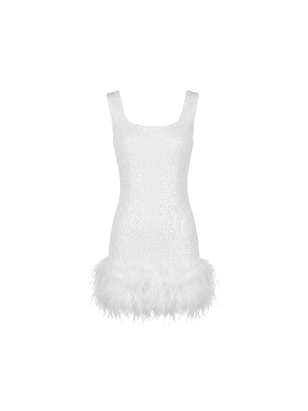Robe Riley Elyth Édition : mini robe de soirée blanche étincelante à sequins, dotée d'un col carré élégant et d'une bordure luxueuse en plumes d'autruche au bas de la jupe pour un look glamour et festif.