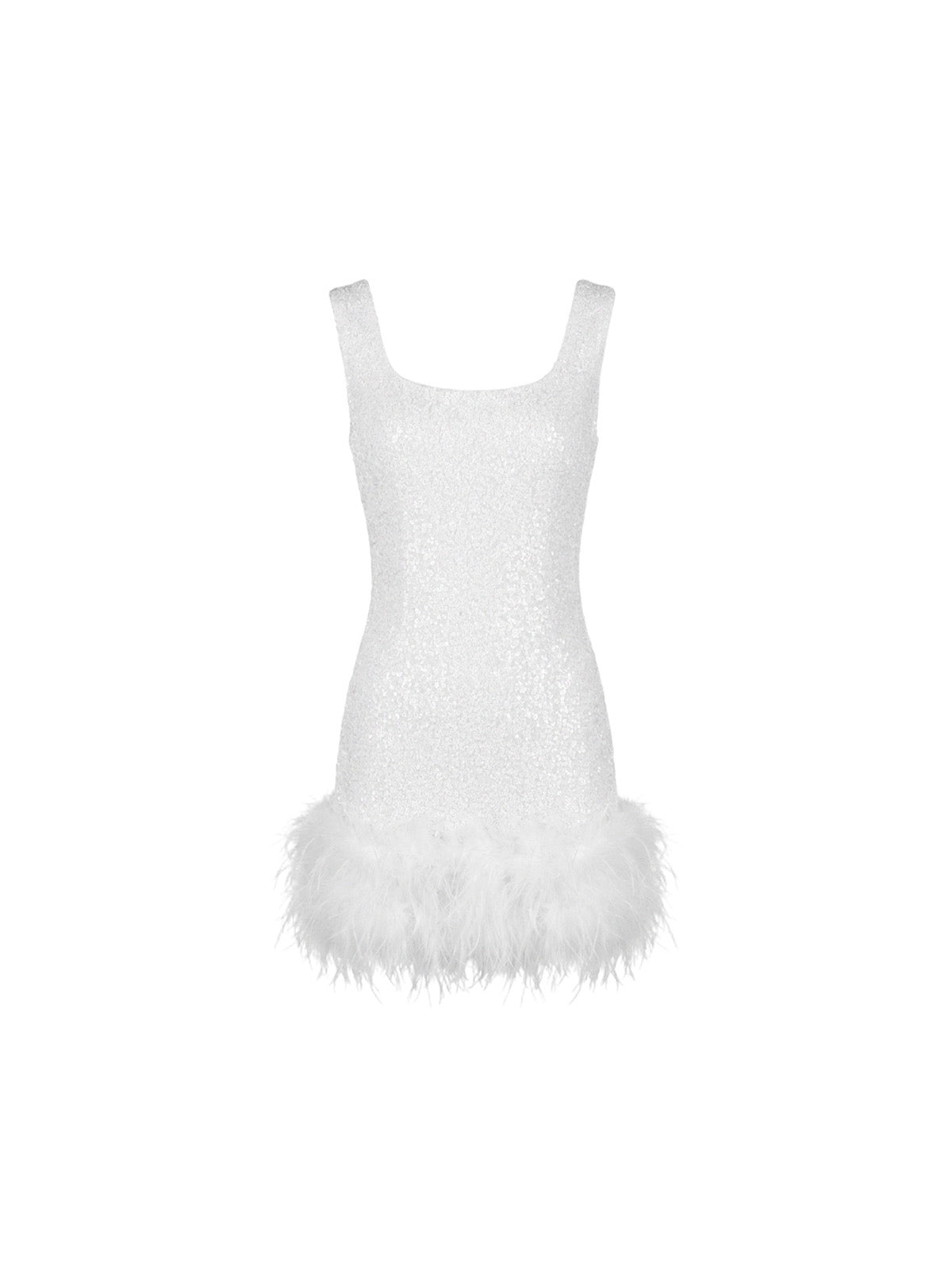 Robe Riley Elyth Édition : mini robe de soirée blanche étincelante à sequins, dotée d'un col carré élégant et d'une bordure luxueuse en plumes d'autruche au bas de la jupe pour un look glamour et festif.
