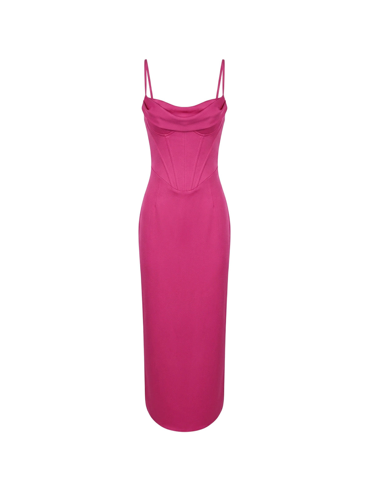 Robe Rita Elyth Édition : robe mi-longue fourreau rose fuchsia en crêpe ajusté, dotée d'un bustier corset structuré, d'un décolleté bénitier drapé et de fines bretelles doubles pour une silhouette chic et dynamique.