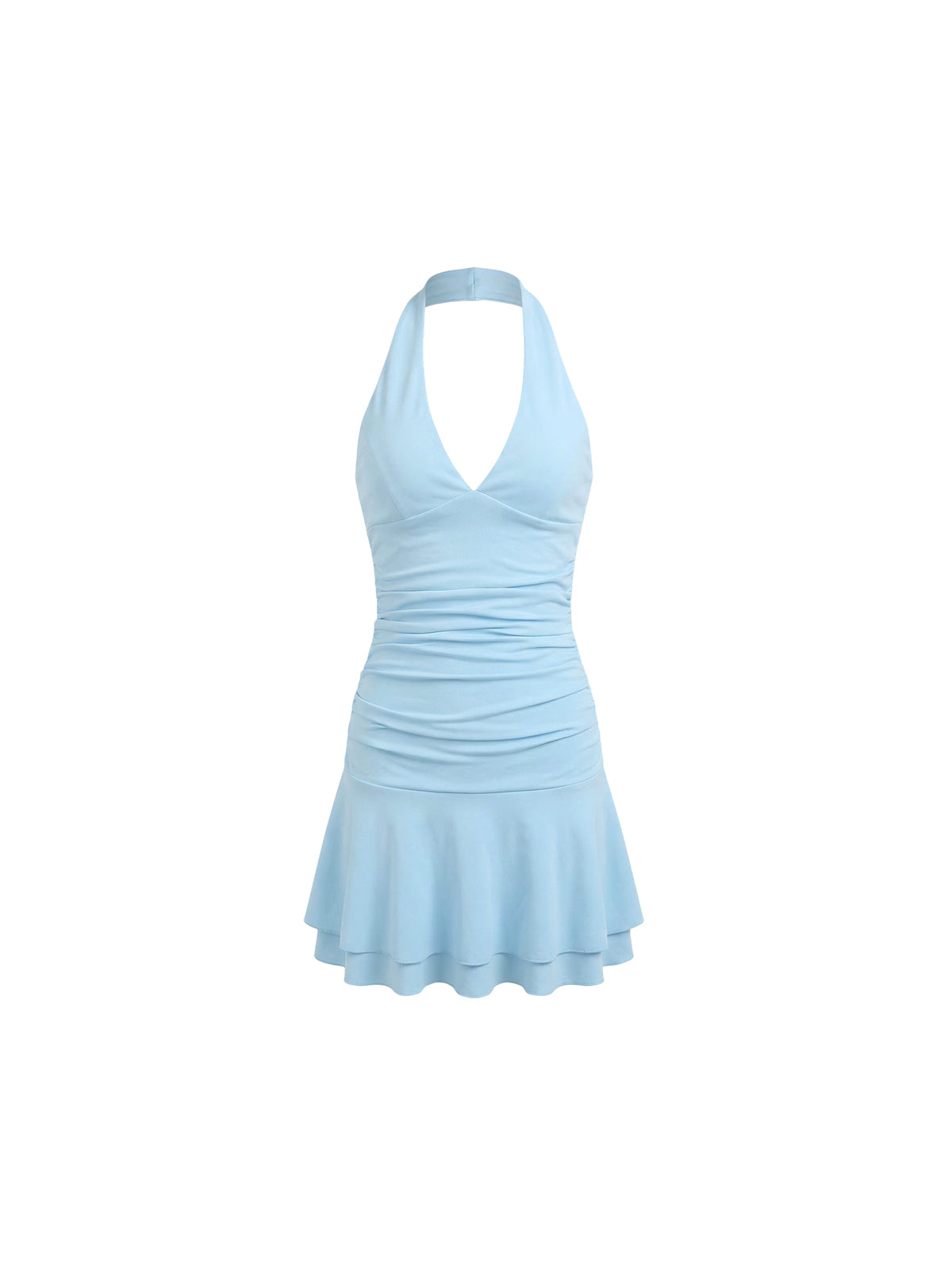 Robe Riya Elyth Édition : mini robe bleu ciel drapée, idéale pour l'élégance de Paris. Ce modèle se distingue par son col licou plongeant et sa jupe à volants superposés. Une création de mode française moderne en France.