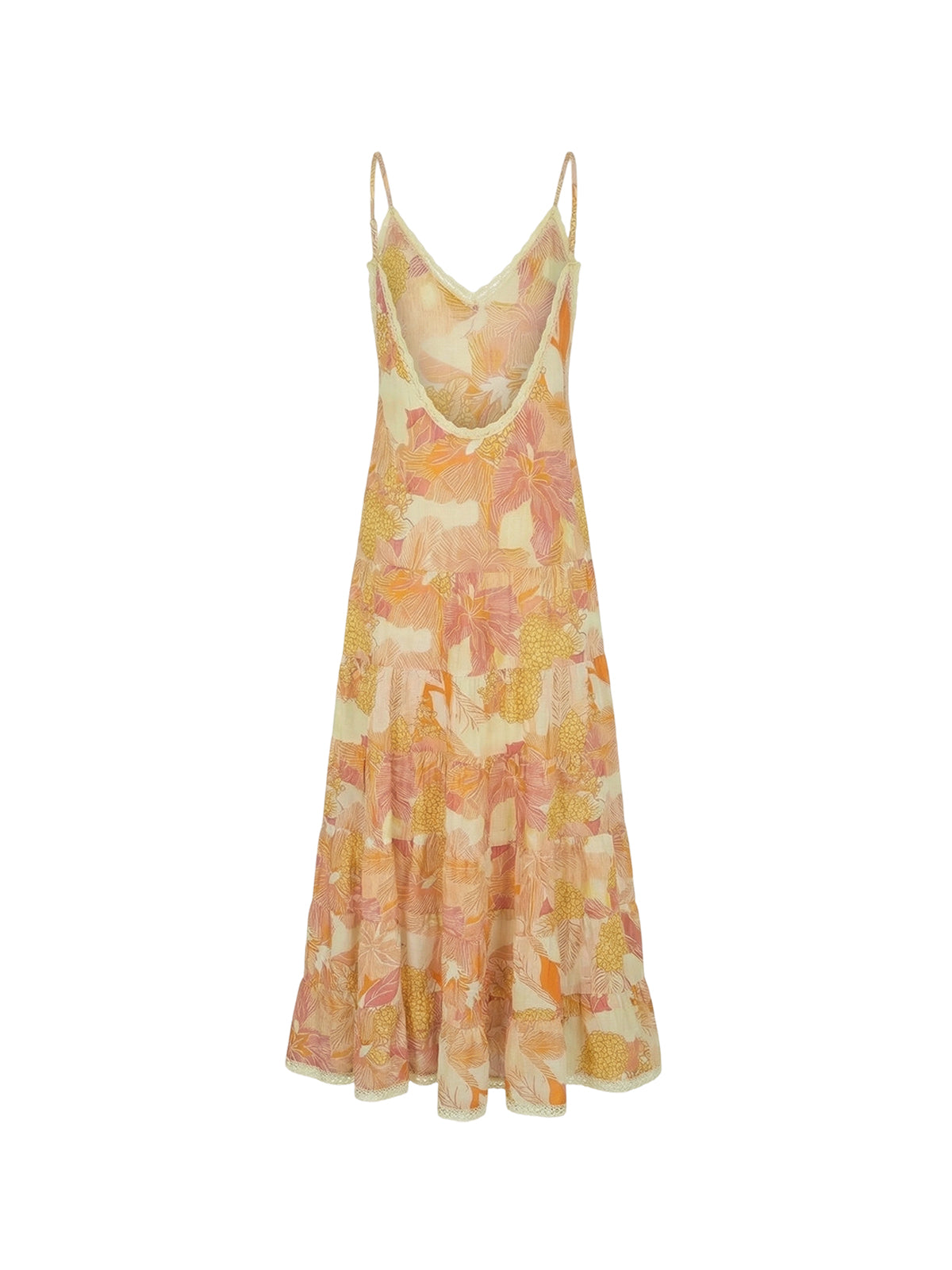 Robe Rosa Elyth Édition : robe longue à imprimé floral chaud (orange et jaune), idéale pour l'élégance de Paris. Ce modèle se distingue par ses fines bretelles, son décolleté en V et sa jupe à étages. Une création de mode française en France.