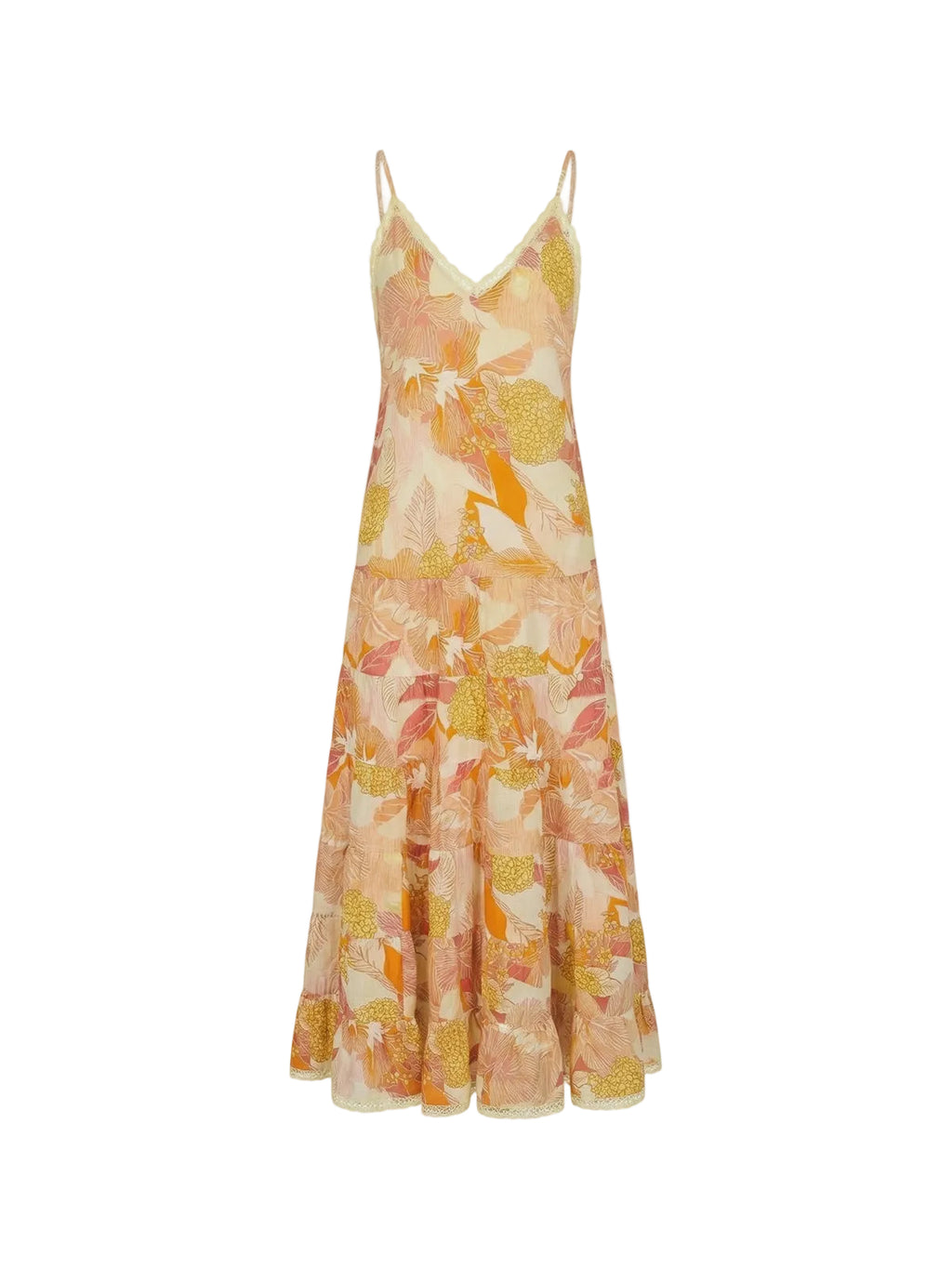 Robe Rosa Elyth Édition : robe longue à imprimé floral chaud (orange et jaune), idéale pour l'élégance de Paris. Ce modèle se distingue par ses fines bretelles, son décolleté en V et sa jupe à étages. Une création de mode française en France.