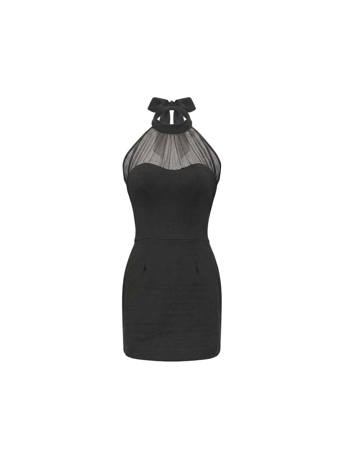 Robe Rosalind Elyth Édition : petite robe noire (LBD) courte et ajustée, dotée d'un col montant licou transparent en tulle plissé et d'un décolleté cœur, sublimée par un nœud élégant à l'arrière pour une allure de soirée sophistiquée et intemporelle.