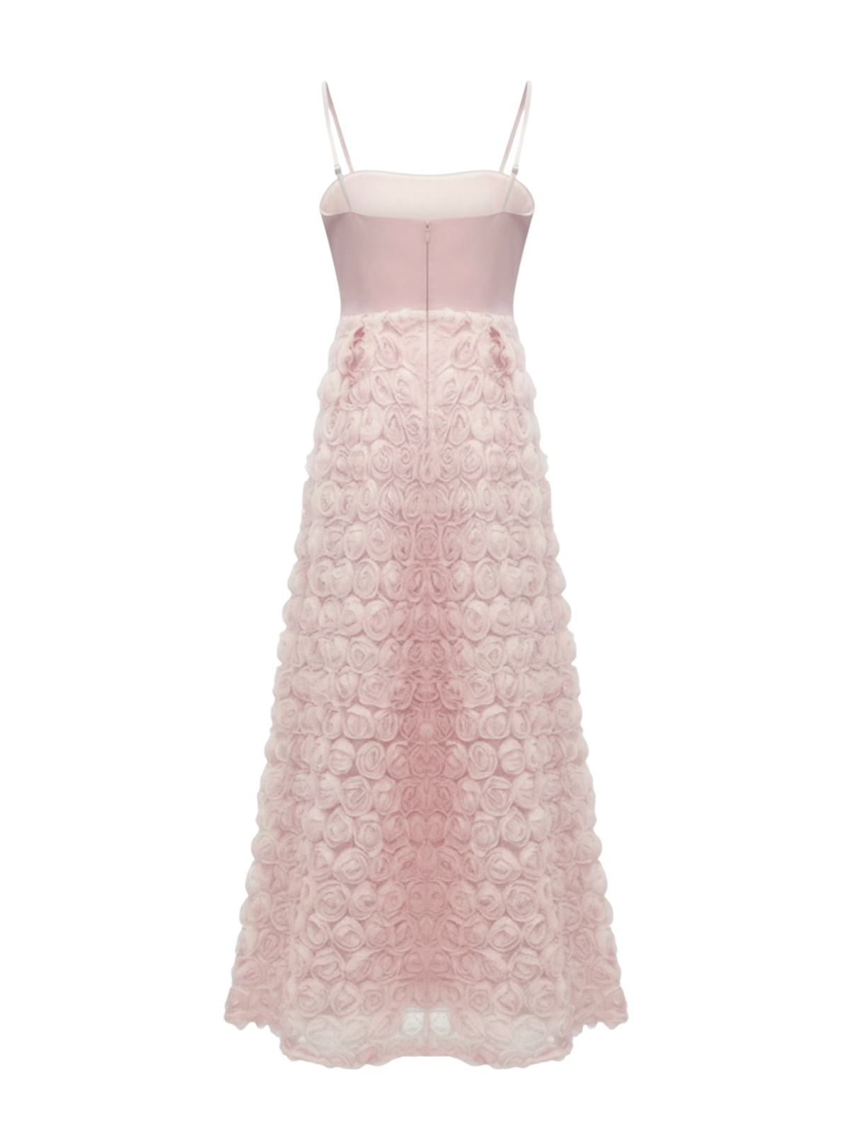 Robe Sarah Elyth Édition : robe de soirée bustier rose poudré à coupe asymétrique High-Low, dotée d'un top drapé élégant et d'une surjupe volumineuse entièrement ornée de roses en relief 3D pour une silhouette poétique et majestueuse.