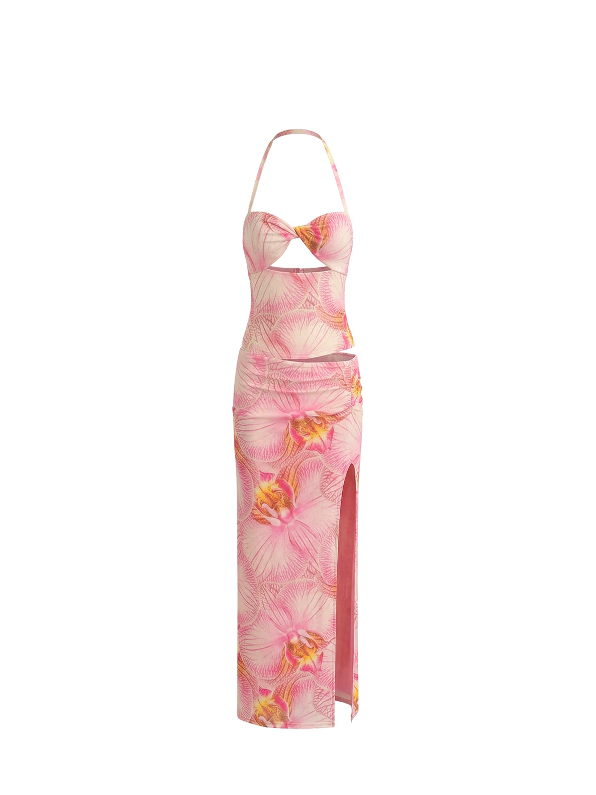 Robe Saskia Elyth Édition : robe longue à imprimé orchidées tropicales dans les tons roses, dotée d'un décolleté licou torsadé avec une découpe "cut-out" sous la poitrine et d'une jupe longue ajustée fendue sur le côté pour une silhouette estivale audacieuse.