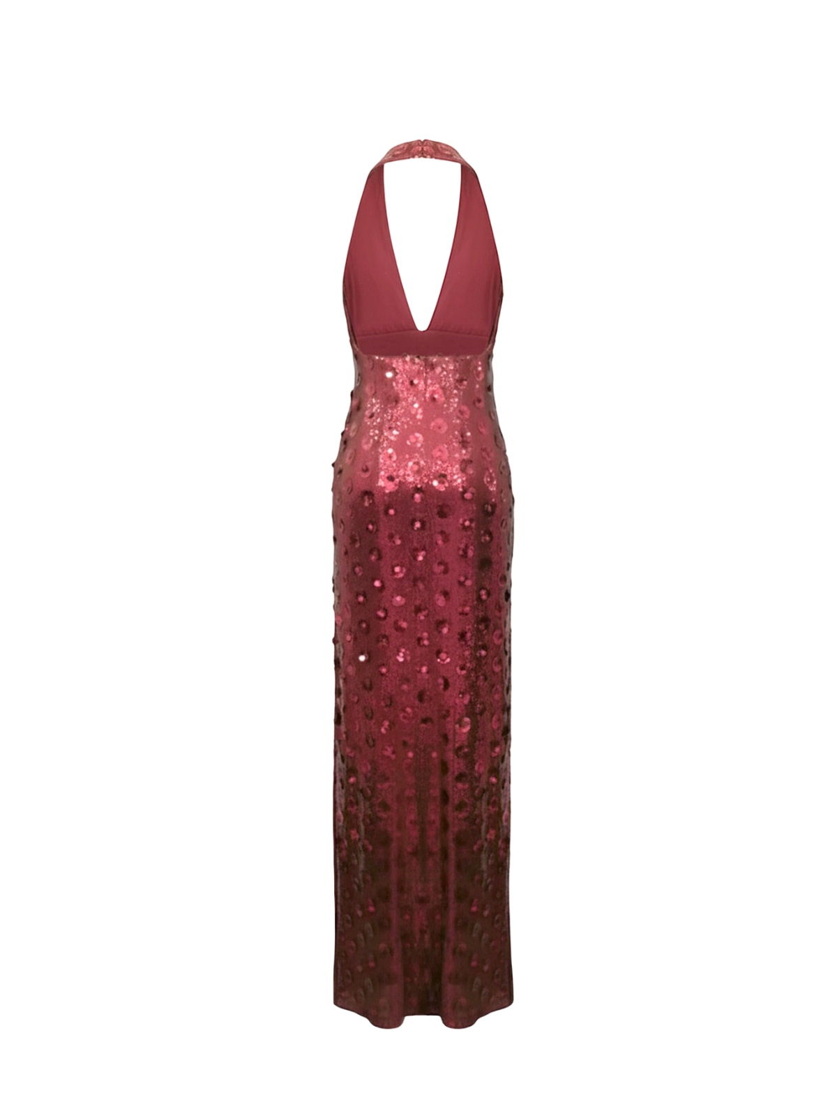 Robe Sienna Elyth Édition : robe longue de soirée bordeaux à sequins circulaires ton sur ton, présentant un décolleté en V plongeant ultra-profond et un col licou dos nu pour une silhouette audacieuse, glamour et sophistiquée.