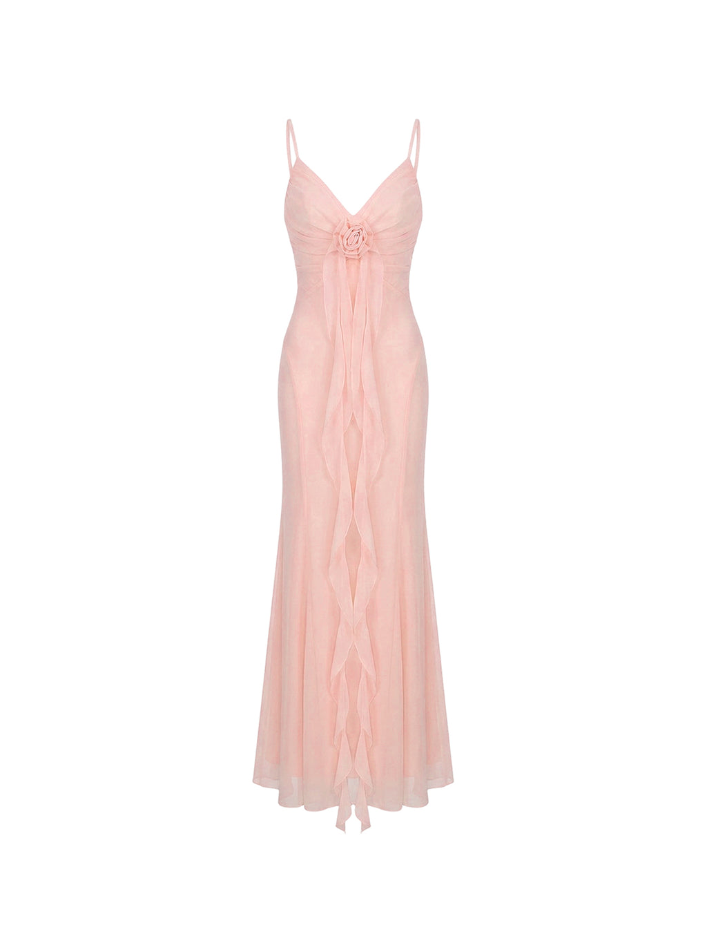 Skye Dress by Elyth Édition : a long powder pink evening gown in ethereal chiffon, ideal for timeless French elegance. It features a V-neckline with thin spaghetti straps, highlighted by a sculptural fabric rose at the center of the bust that leads into a cascading vertical ruffle along the full length of the skirt.