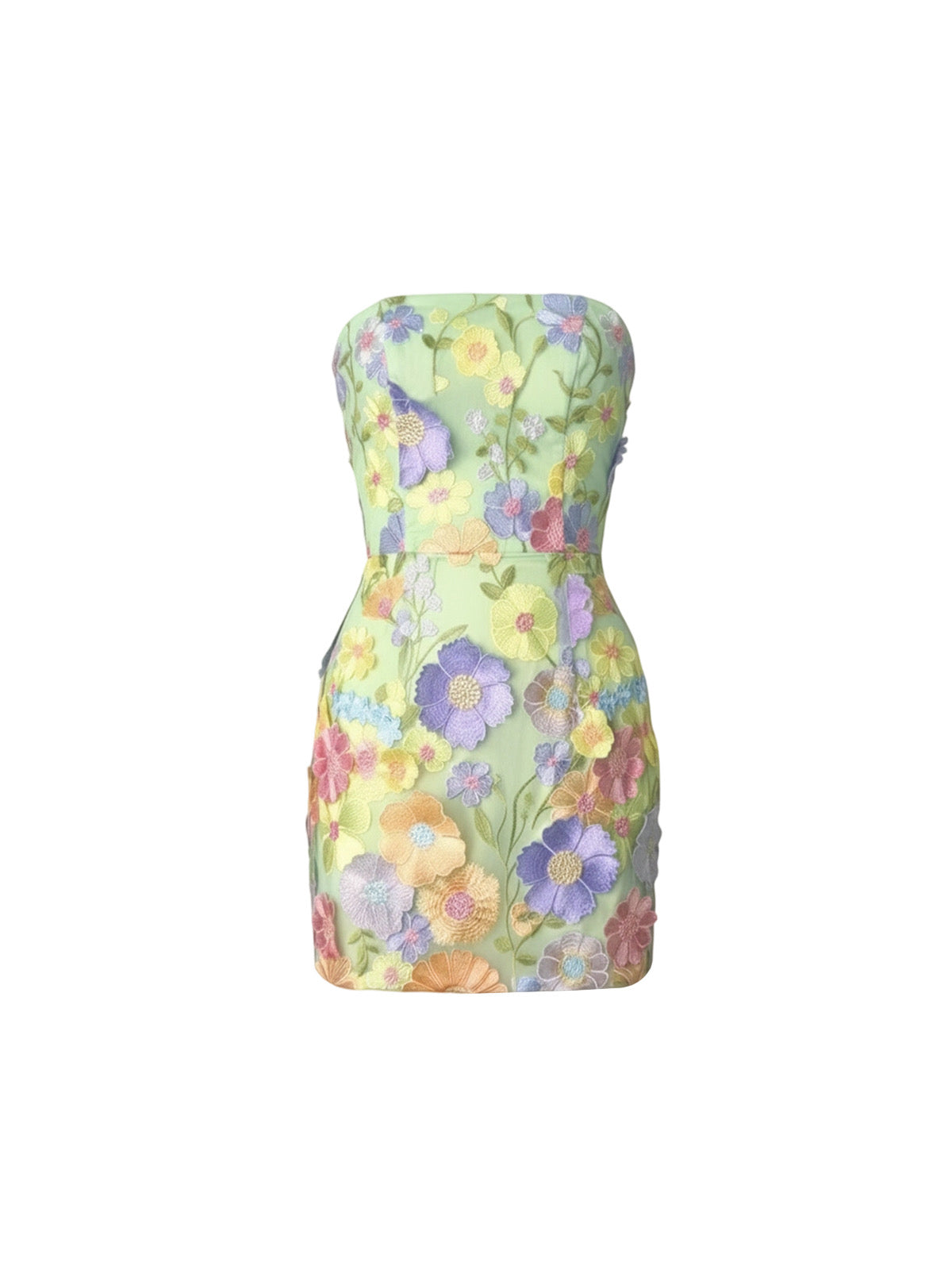 Robe Sonnet Elyth Édition : mini robe bustier vert pastel recouverte d'une délicate dentelle fleurie avec des broderies en relief de fleurs multicolores (lilas, jaune, pêche et rose).