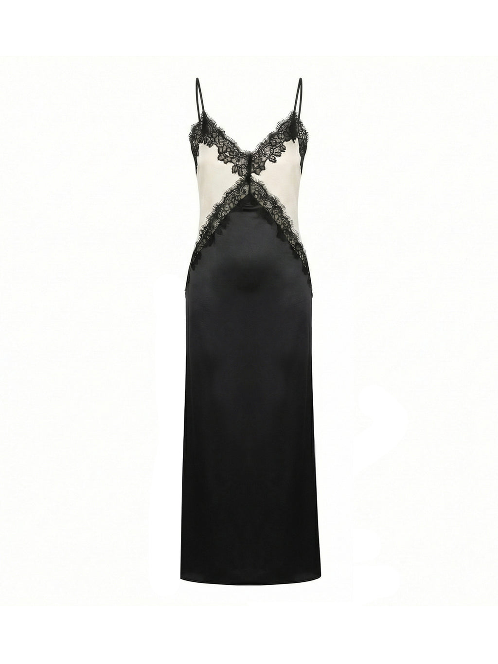 Robe Thora Elyth Édition : robe longue style nuisette bicolore noire et crème, idéale pour l'élégance de Paris. Ce modèle satiné se distingue par ses incrustations de dentelle noire délicate au décolleté. Une création de mode française raffinée en France.