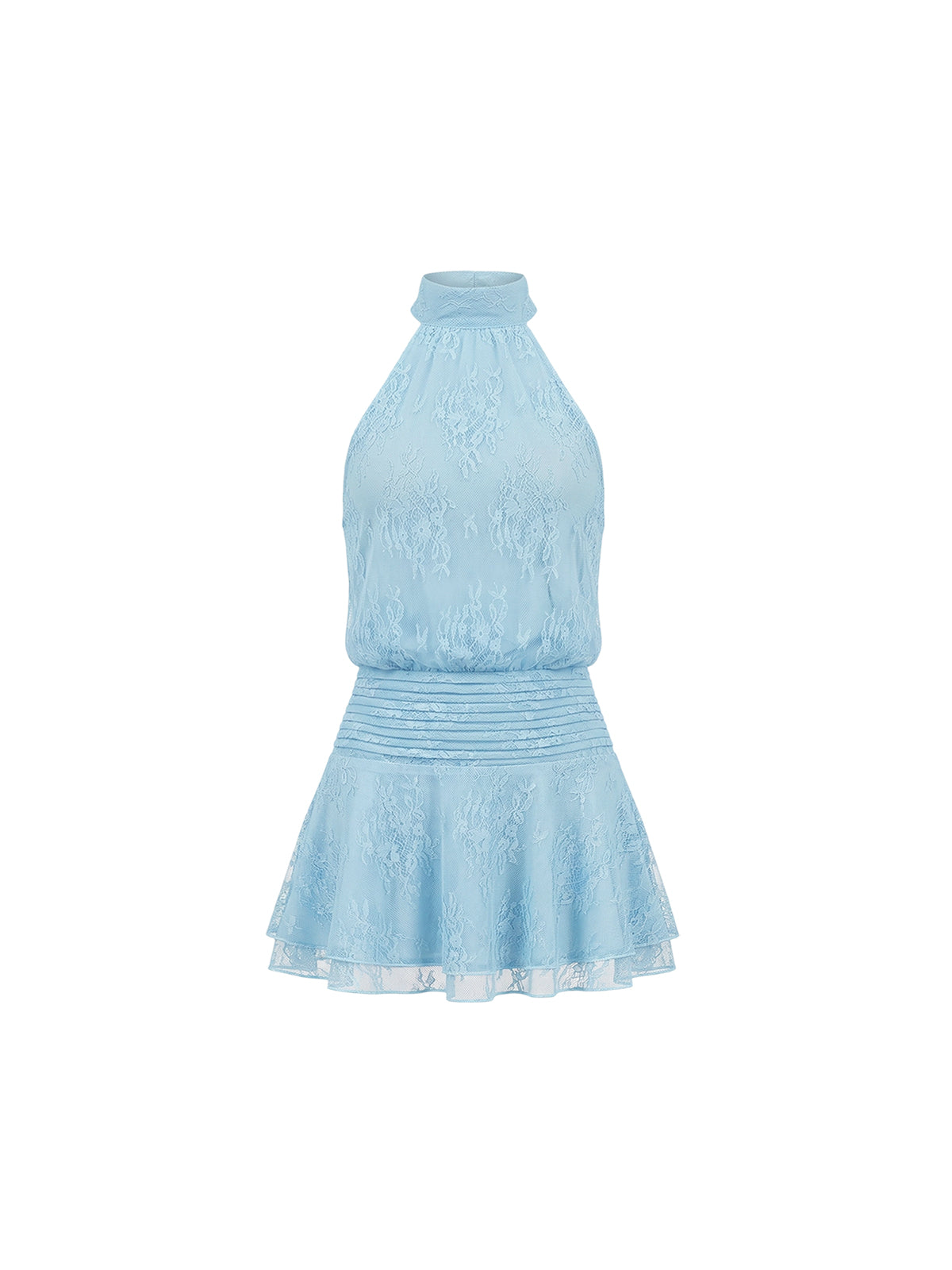 Robe Vada Elyth Édition : mini-robe bleu ciel en dentelle florale délicate, présentant un col montant façon licou et un buste blousant, structurée par une large ceinture froncée à la taille et une jupe courte évasée pour une silhouette pétillante et élégante.