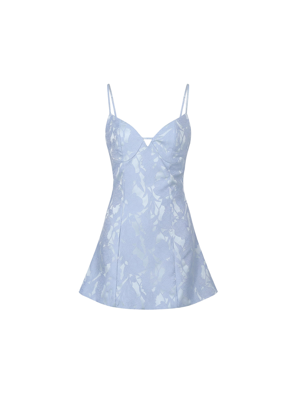 Robe Valentina Elyth Édition : robe mini bleu lilas en jacquard satiné avec relief floral, présentant des bonnets de bustier structurés, des bretelles fines et une coupe trapèze élégante. Une pièce légère et sophistiquée idéale pour les événements estivaux.