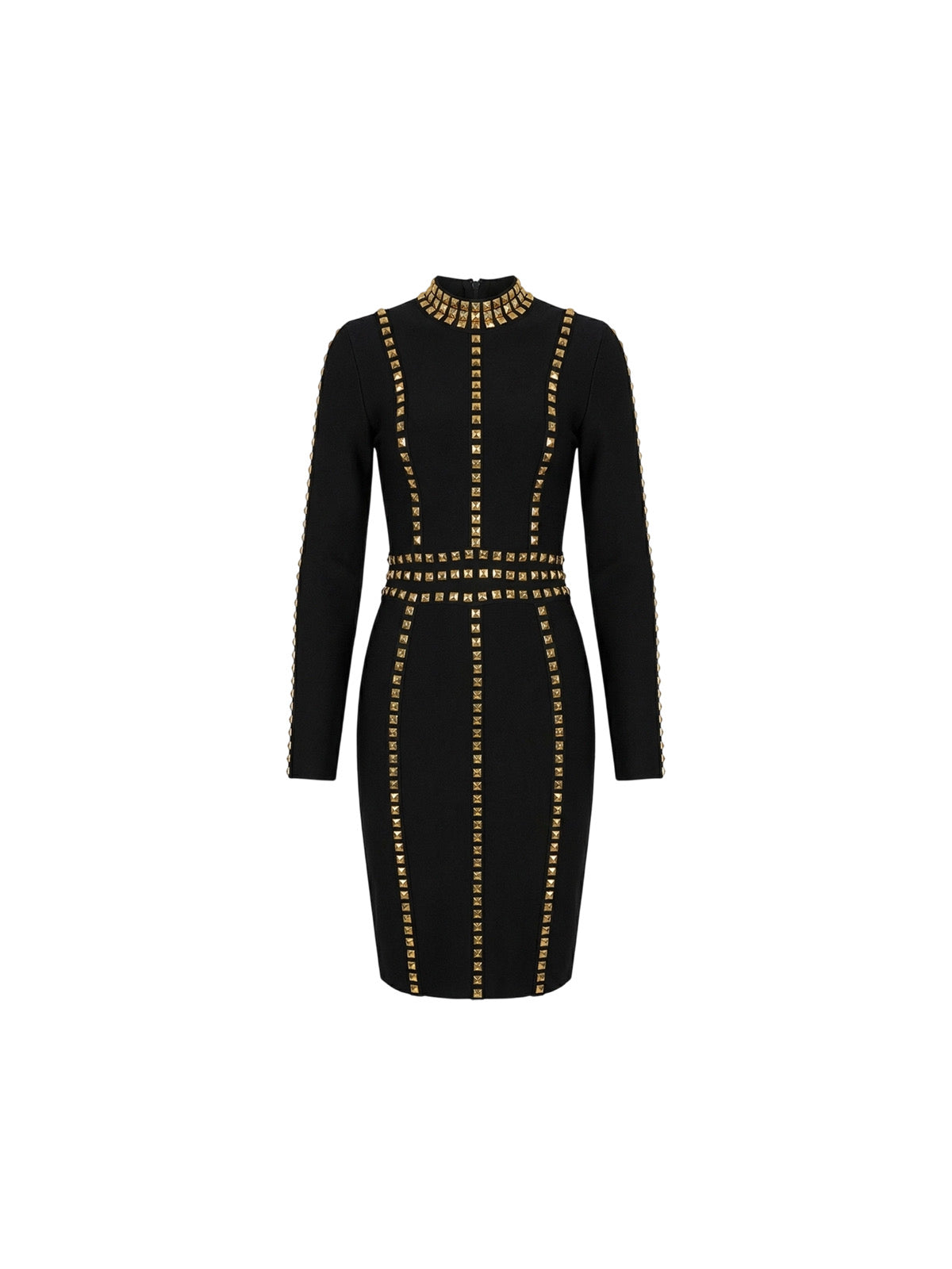 Robe Vespera Elyth Édition : robe mi-longue noire cintrée à manches longues, ornée de lignes verticales de clous dorés pyramidaux et d'un col montant clouté pour un style glamour et sophistiqué.
