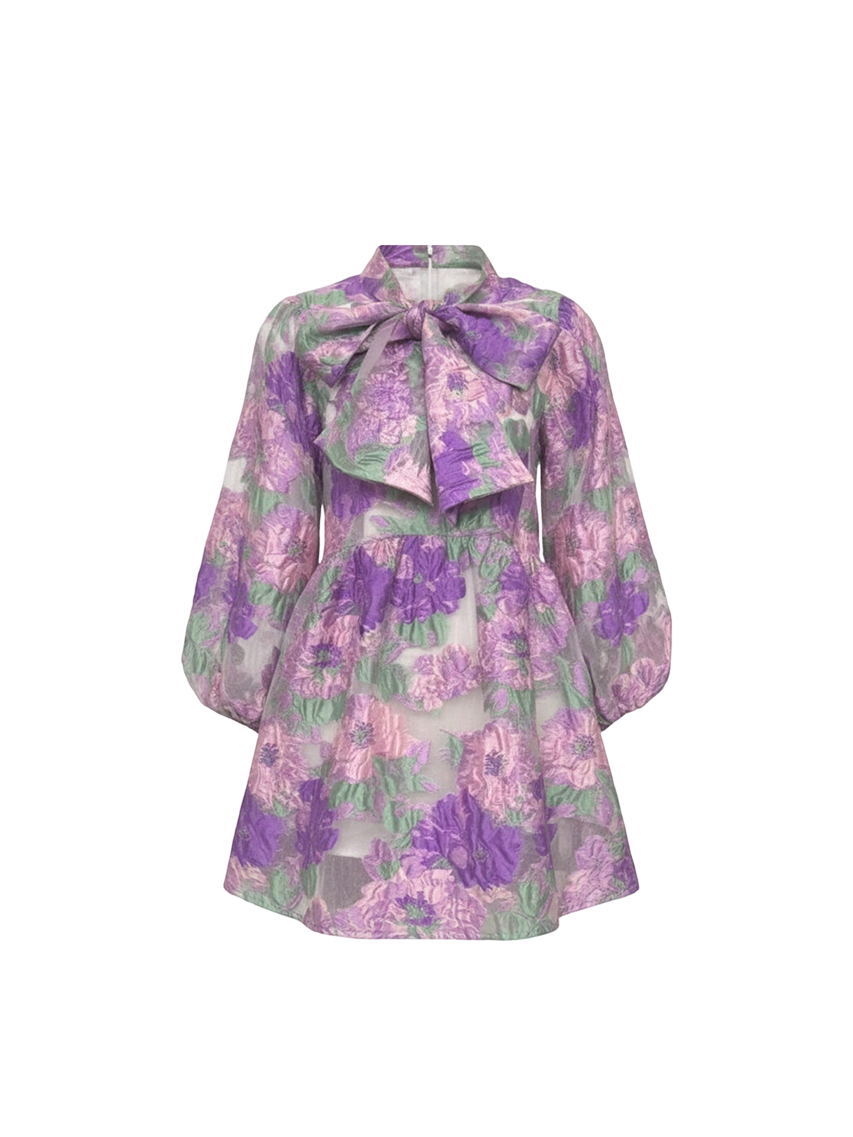 Robe Violet Elyth Édition : mini robe trapèze en organza transparent lilas et violet à motifs floraux satinés, dotée d'un col montant lavallière avec un nœud XXL et de manches longues bouffantes pour un look romantique et sophistiqué.