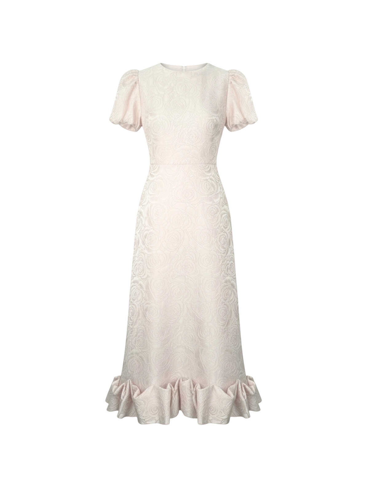 Robe Vivian Elyth Édition : robe mi-longue évasée blanc cassé en jacquard de soie à motifs roses en relief, dotée de manches courtes bouffantes et d'un ourlet à volants bouillonnés pour une silhouette gracieuse et féminine.