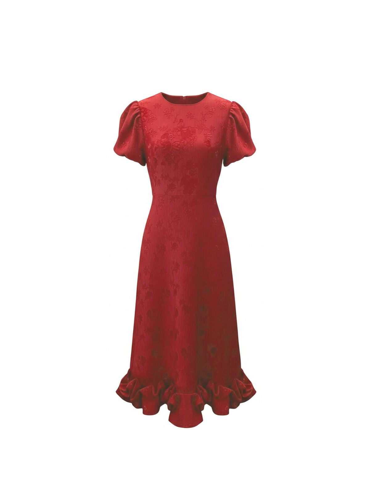 Robe Vivian Elyth Édition : robe mi-longue rouge rubis en jacquard de soie précieux avec motifs floraux en relief, dotée de manches courtes bouffantes et d'un ourlet à volants bouillonnés pour une allure sophistiquée et sculpturale.