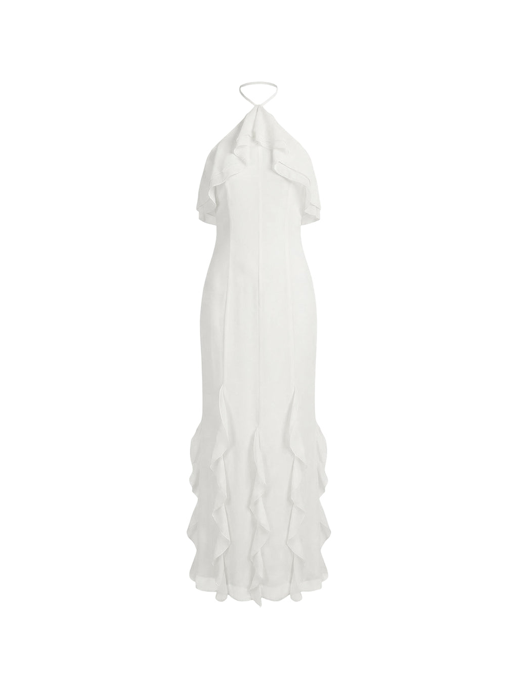 Winifred Dress by Elyth Édition : a long, pristine evening gown in white silk crepe, featuring a sophisticated mermaid silhouette for a prestigious Parisian event. It is designed with a minimalist halter neck, a bodice adorned with cape-like layered ruffles, and a skirt finished with vertical ruffles at the hem for graceful movement.