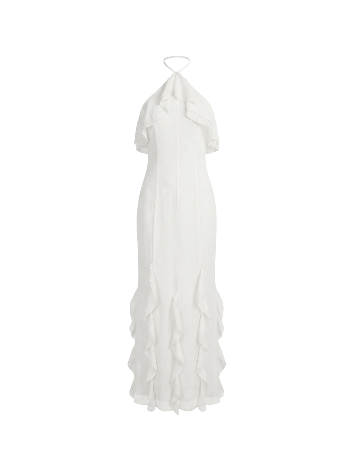 Robe Winifred Elyth Édition : une robe de soirée longue immaculée en crêpe de soie blanche, offrant une silhouette sirène sophistiquée pour un événement prestigieux à Paris. Elle est dotée d'un col licou minimaliste, d'un bustier orné de volants superposés en forme de cape et d'une jupe agrémentée de volants verticaux sur le bas pour un mouvement gracieux.